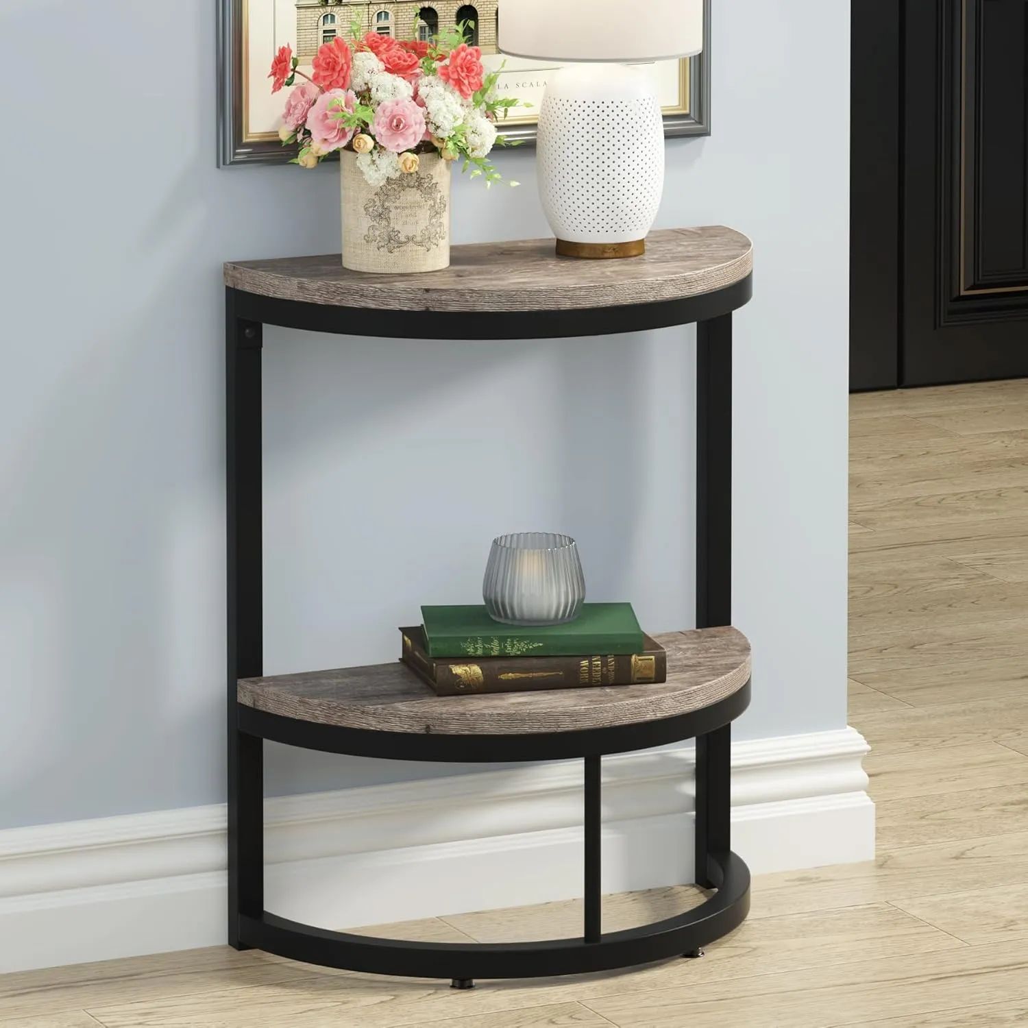 Tribesigns 2-Tier End Table Semi Circle, Small Half Round Side Table with Storage Shelf, Wood Accent Slim C Table for Sofa Couch, Living Room, Bedroom, Small Space, Easy Assembly, Rustic Grey