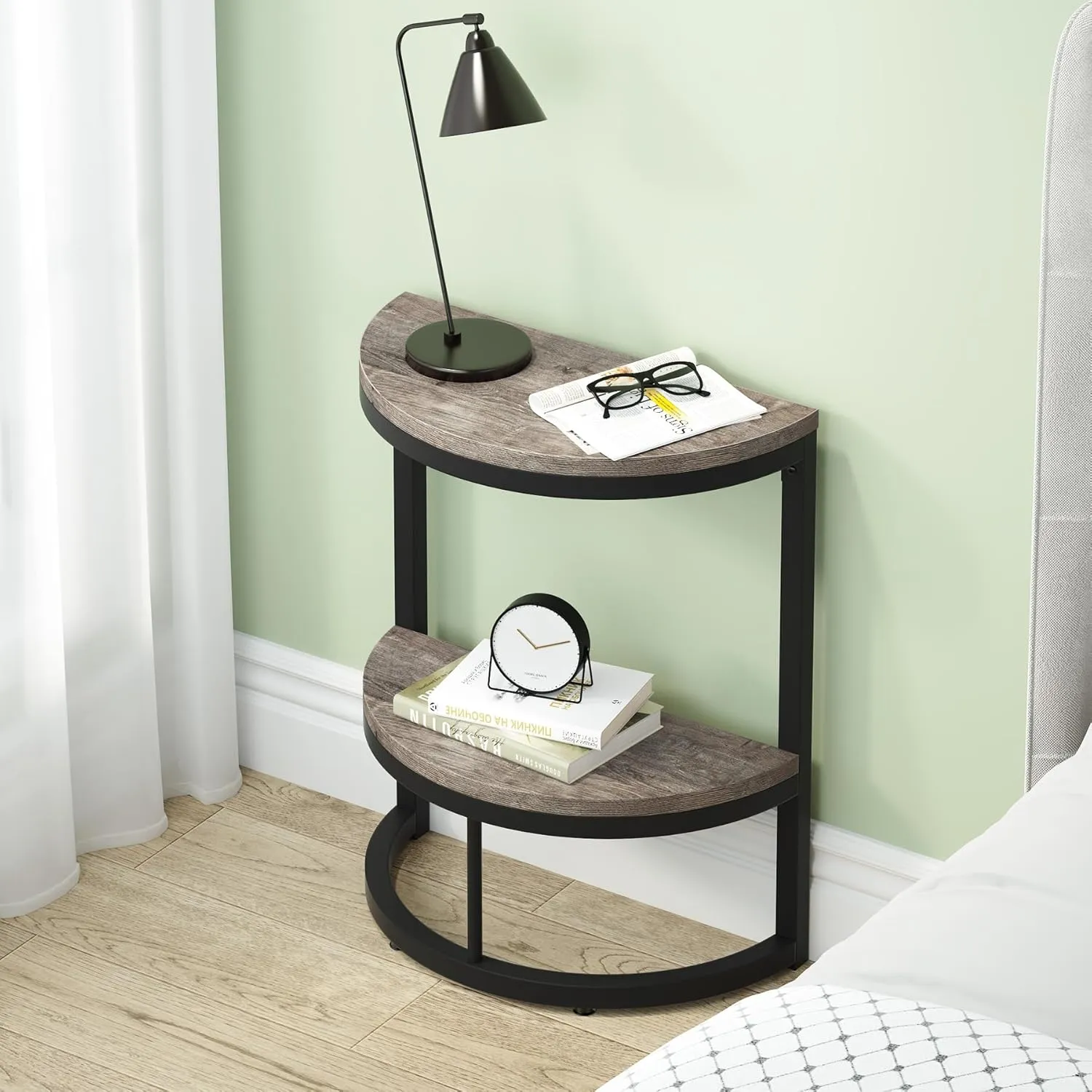 Tribesigns 2-Tier End Table Semi Circle, Small Half Round Side Table with Storage Shelf, Wood Accent Slim C Table for Sofa Couch, Living Room, Bedroom, Small Space, Easy Assembly, Rustic Grey
