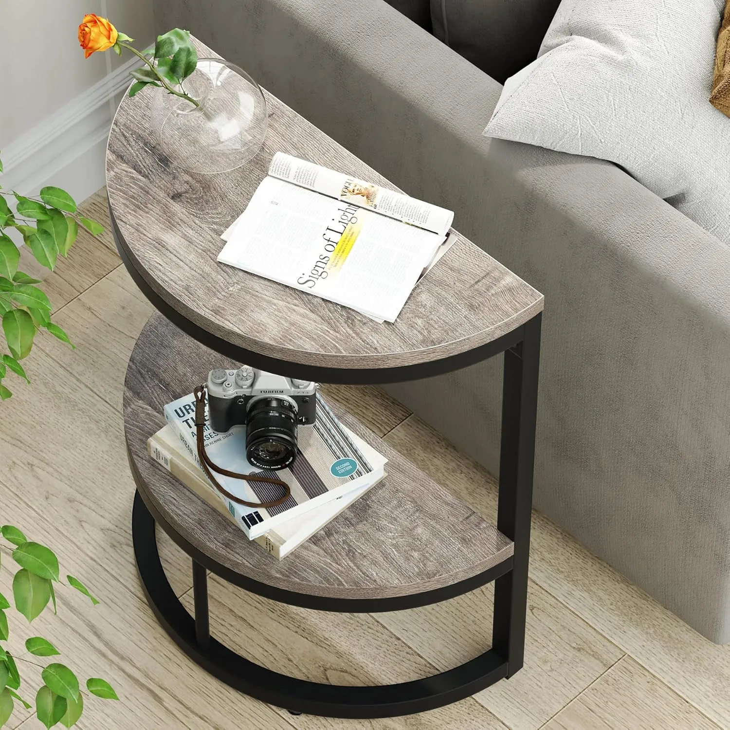 Tribesigns 2-Tier End Table Semi Circle, Small Half Round Side Table with Storage Shelf, Wood Accent Slim C Table for Sofa Couch, Living Room, Bedroom, Small Space, Easy Assembly, Rustic Grey
