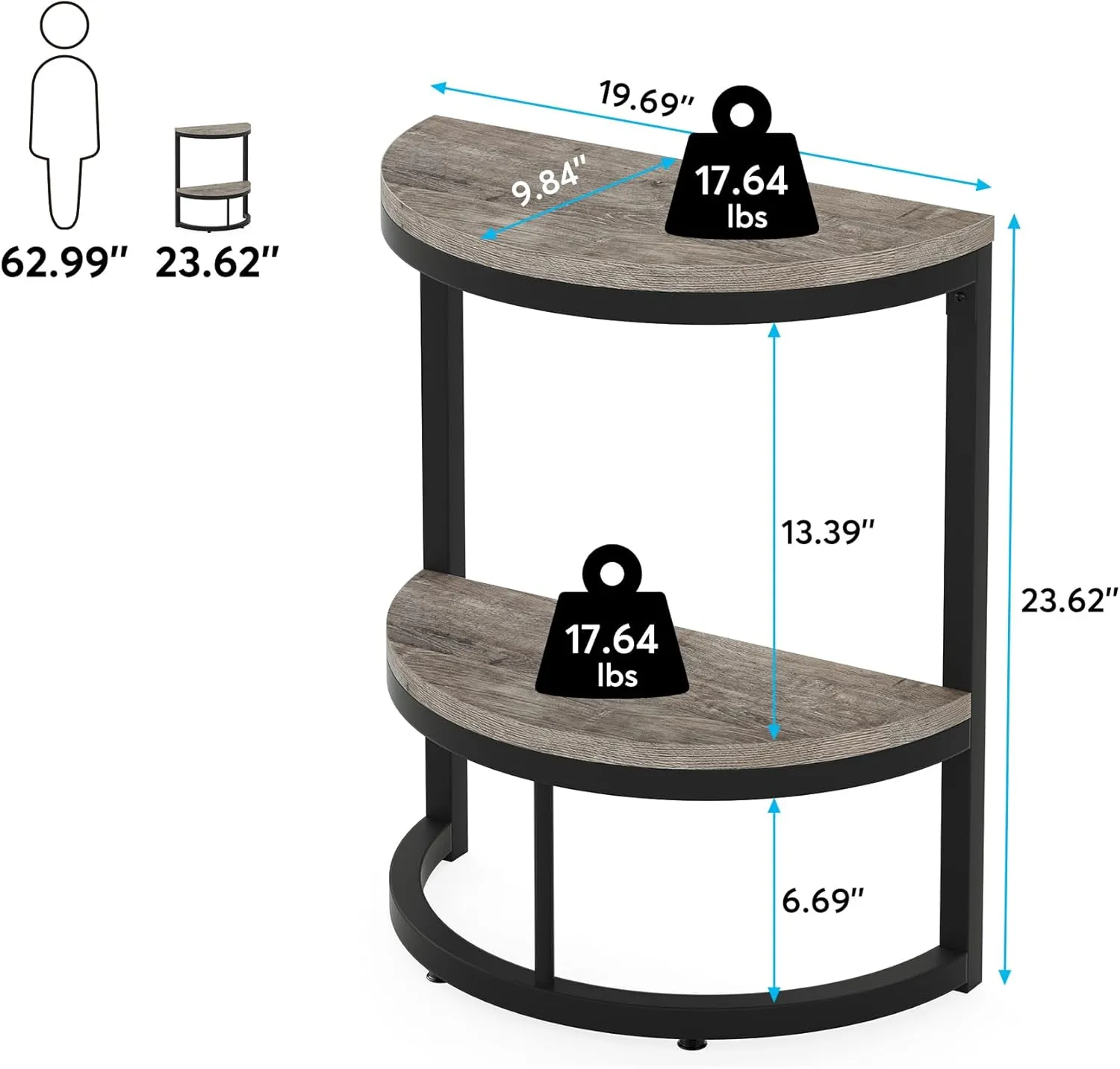 Tribesigns 2-Tier End Table Semi Circle, Small Half Round Side Table with Storage Shelf, Wood Accent Slim C Table for Sofa Couch, Living Room, Bedroom, Small Space, Easy Assembly, Rustic Grey