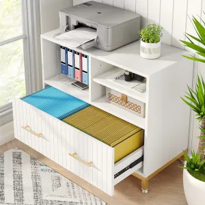 Tribesigns Lateral File Cabinet with Drawer, White Filing Cabinet with Adjustable Hanging Rod for Letter/Letter/A4 Size Files, 35.4" Wood Modern Printer Stand with Open Storage Spaces for Home Office