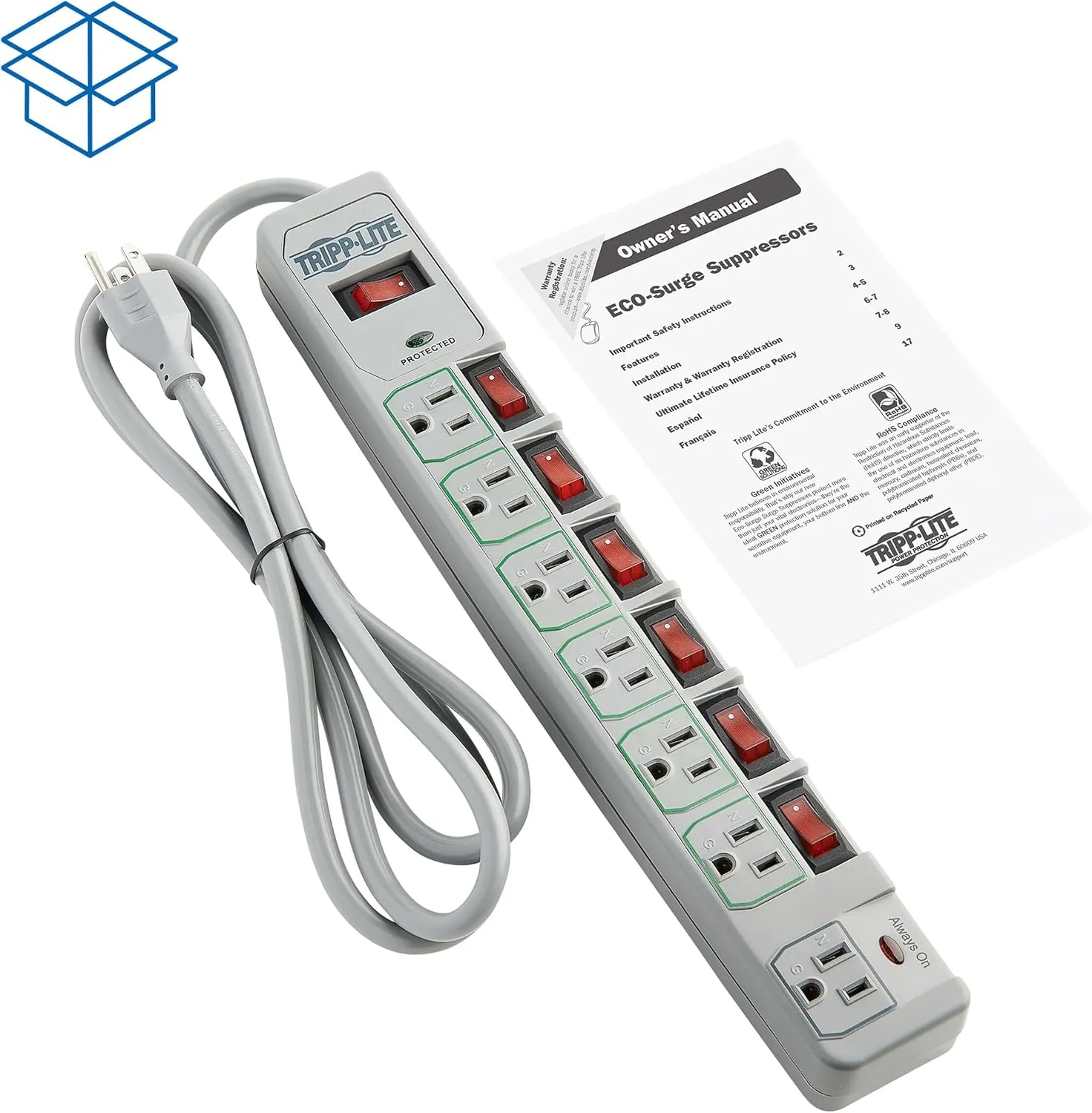 Tripp Lite TLP76MSG 7 Outlet (6 Individually Controlled) Surge Protector Power Strip, 6ft Cord, Lifetime Limited Warranty & Dollar 25K Insurance, Grey