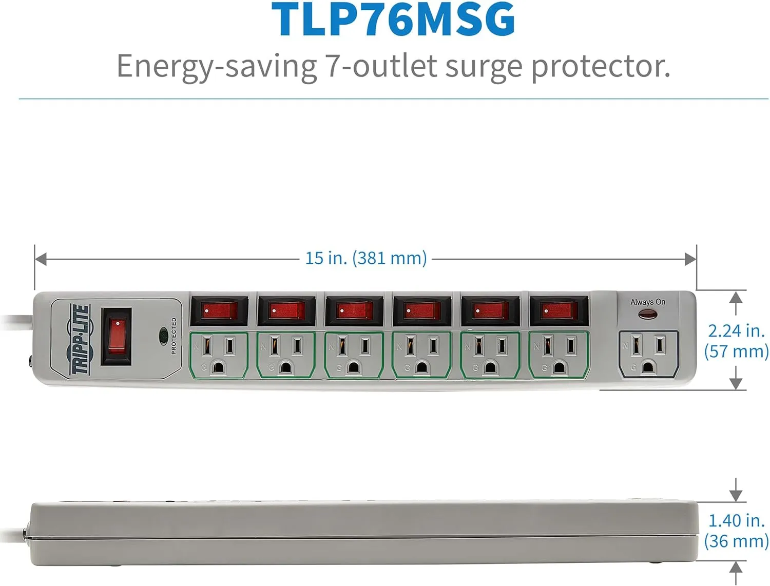 Tripp Lite TLP76MSG 7 Outlet (6 Individually Controlled) Surge Protector Power Strip, 6ft Cord, Lifetime Limited Warranty & Dollar 25K Insurance, Grey
