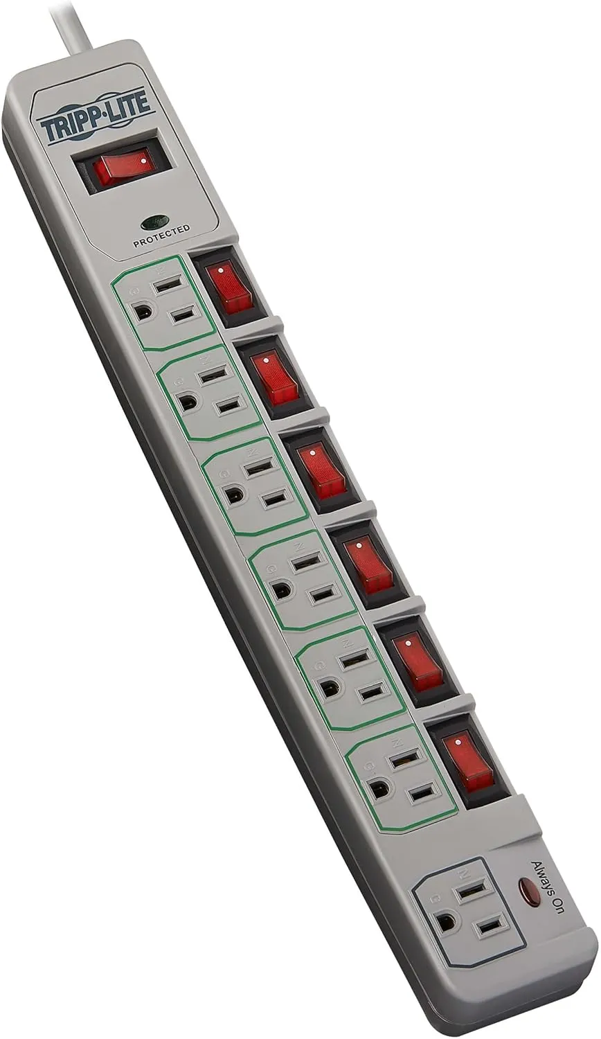 Tripp Lite TLP76MSG 7 Outlet (6 Individually Controlled) Surge Protector Power Strip, 6ft Cord, Lifetime Limited Warranty & Dollar 25K Insurance, Grey