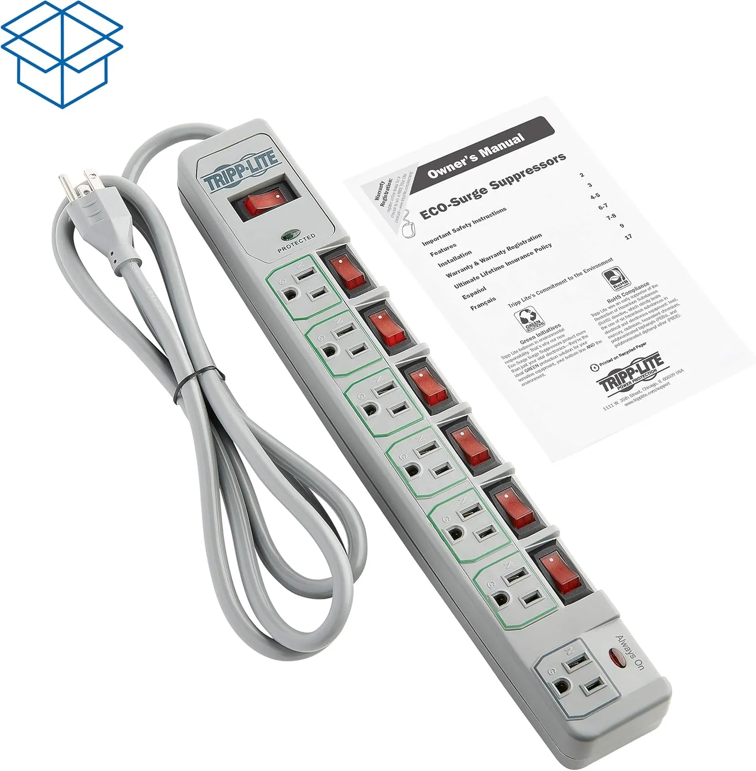 Tripp Lite TLP76MSG 7 Outlet (6 Individually Controlled) Surge Protector Power Strip, 6ft Cord, Lifetime Limited Warranty & Dollar 25K Insurance, Grey