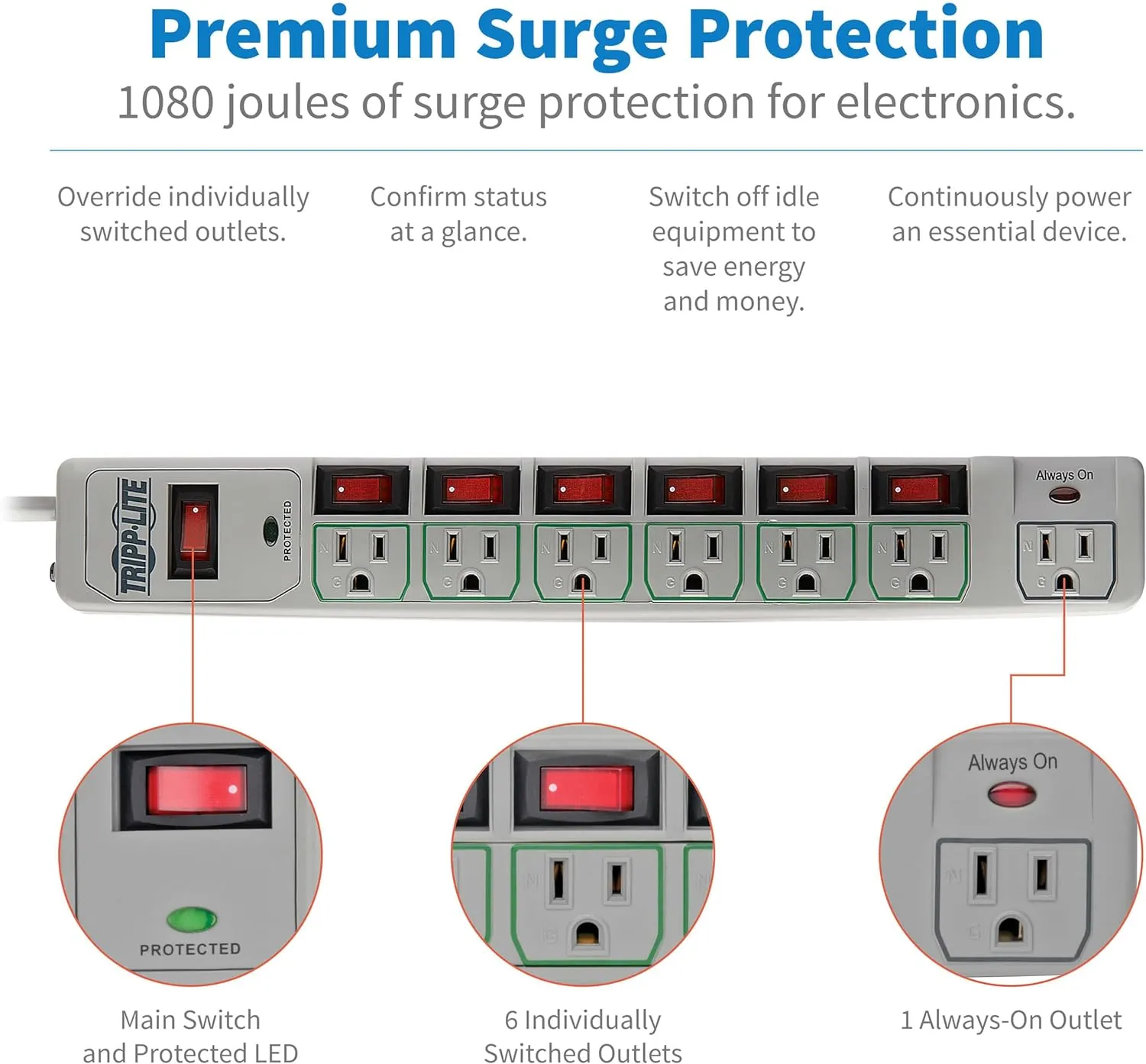 Tripp Lite TLP76MSG 7 Outlet (6 Individually Controlled) Surge Protector Power Strip, 6ft Cord, Lifetime Limited Warranty & Dollar 25K Insurance, Grey