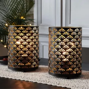 TRIROCKS Set of 2 Battery Operated Lamp 6.5'' Tall Metal Cordless Table Lamp Bronze Lanterns with Warm Fairy Lights Bulb for Patio Garden Wedding Parties Indoor Outdoor(Scalloped Hollow Pattern)