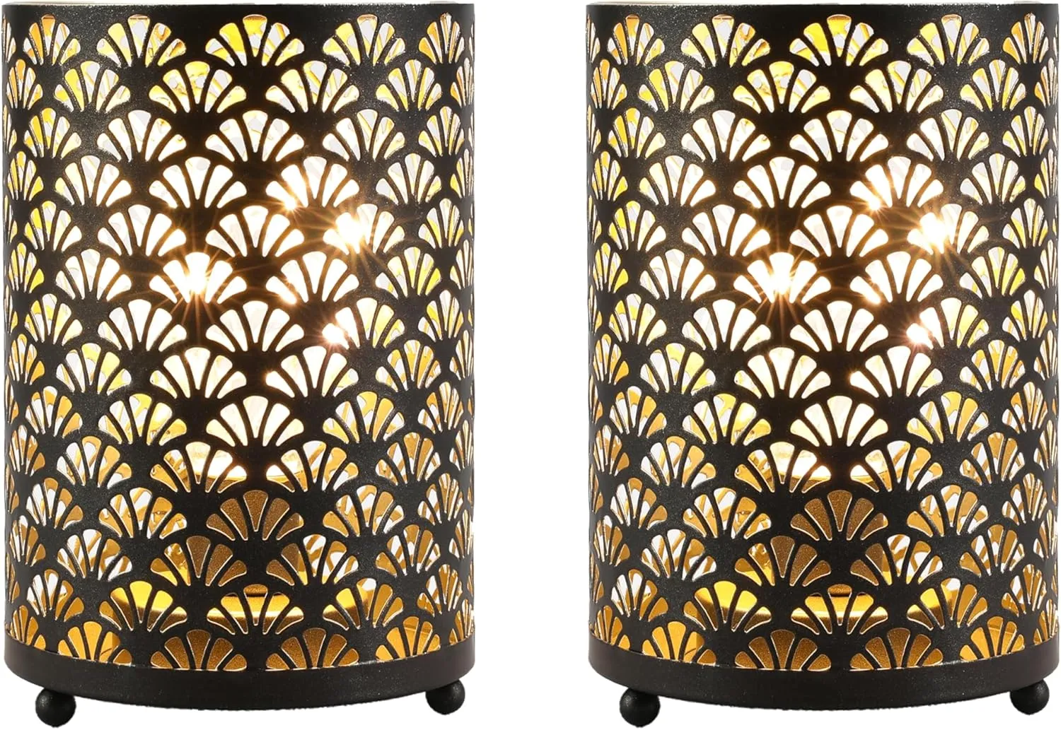 TRIROCKS Set of 2 Battery Operated Lamp 6.5'' Tall Metal Cordless Table Lamp Bronze Lanterns with Warm Fairy Lights Bulb for Patio Garden Wedding Parties Indoor Outdoor(Scalloped Hollow Pattern)