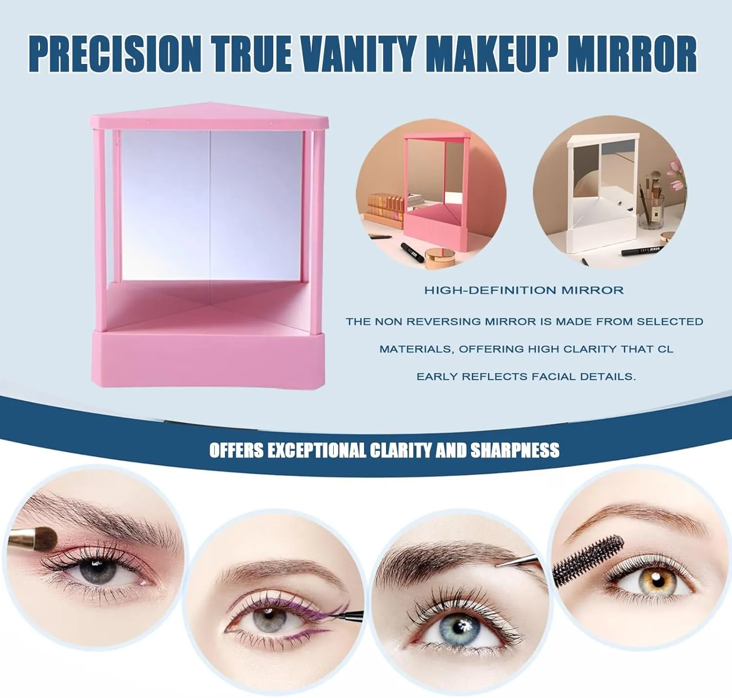 True mirror non reversing with True Image Reflection Pocket Makeup,Compact Table Vanity Mirror with Stand Self Hair Cutting Tools Precision Glass for Dressing Table Desk Bathroom Bedroom Travel(White)