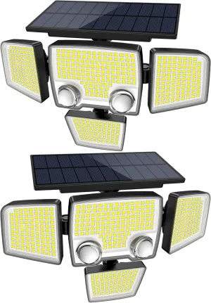 Tuffenough Solar Outdoor Lights with Motion Sensor - 2500LM Bright 4 Heads LED Security Flood Light with 2 Sensors - 3 Modes Solar Powered Detected Wall Lamp Fixtures Waterproof for Outside Yard