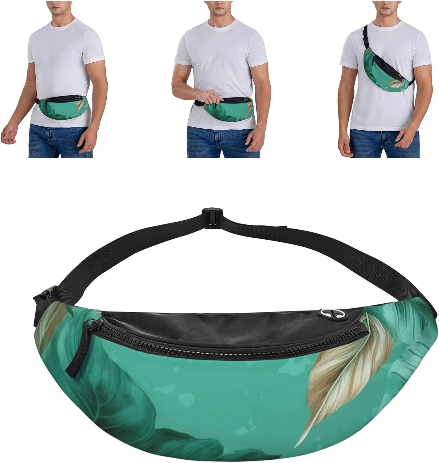 Turquoise Green Leaves Fanny Pack for Man Women Waist Bag Adjustable Belt Casual Chest Bag Bum Bags for Travel Sports Running Hiking Waist Packs