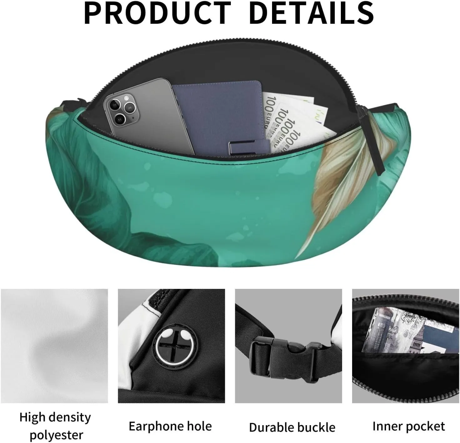 Turquoise Green Leaves Fanny Pack for Man Women Waist Bag Adjustable Belt Casual Chest Bag Bum Bags for Travel Sports Running Hiking Waist Packs