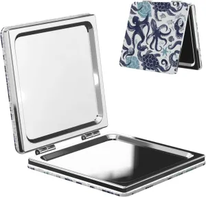 Turtle Octopus Pattern Ocean Theme Printed Square Pocket Makeup Mirror with 1X/2X Magnification, Portable Mini Travel Makeup Mirror for Travel Daily Work Beauty