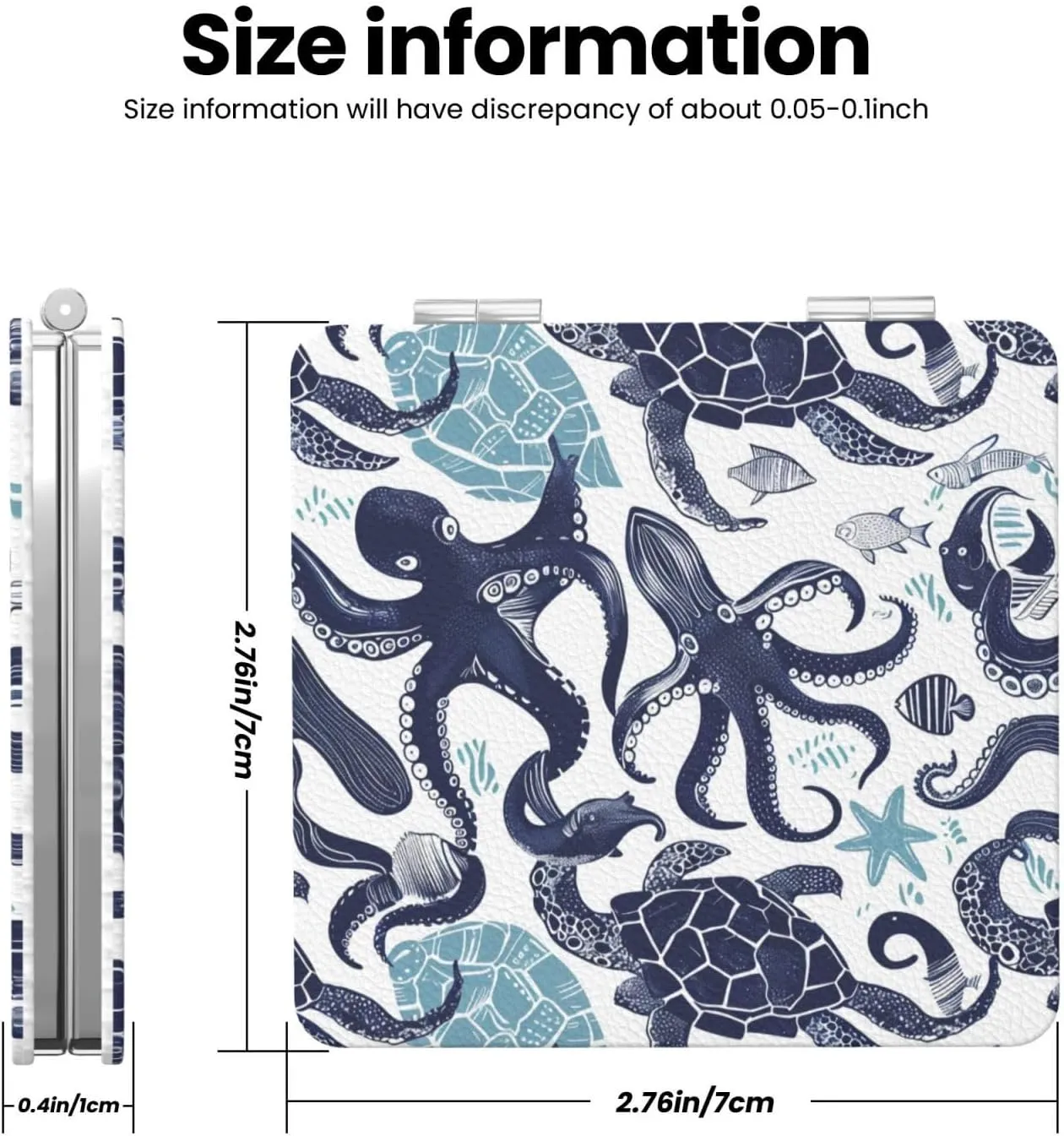 Turtle Octopus Pattern Ocean Theme Printed Square Pocket Makeup Mirror with 1X/2X Magnification, Portable Mini Travel Makeup Mirror for Travel Daily Work Beauty