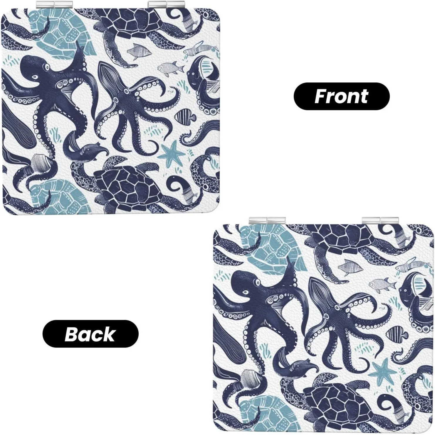 Turtle Octopus Pattern Ocean Theme Printed Square Pocket Makeup Mirror with 1X/2X Magnification, Portable Mini Travel Makeup Mirror for Travel Daily Work Beauty