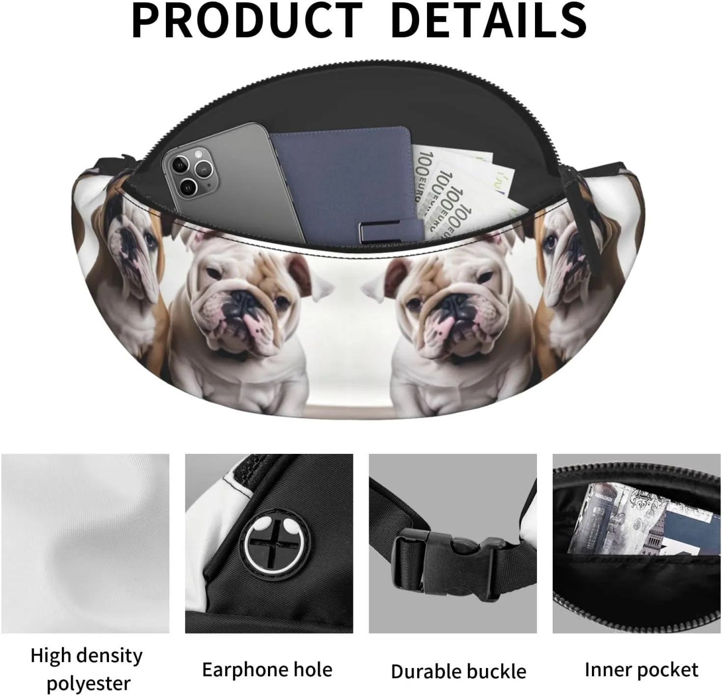 Two Cute Bulldog Dogs Fanny Pack for Man Women Waist Bag Adjustable Belt Casual Chest Bag Bum Bags for Travel Sports Running Hiking Waist Packs