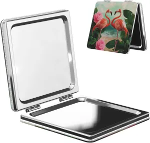 Two Flamingos Printed Square Pocket Makeup Mirror with 1X/2X Magnification, Portable Mini Travel Makeup Mirror for Travel Daily Work Beauty