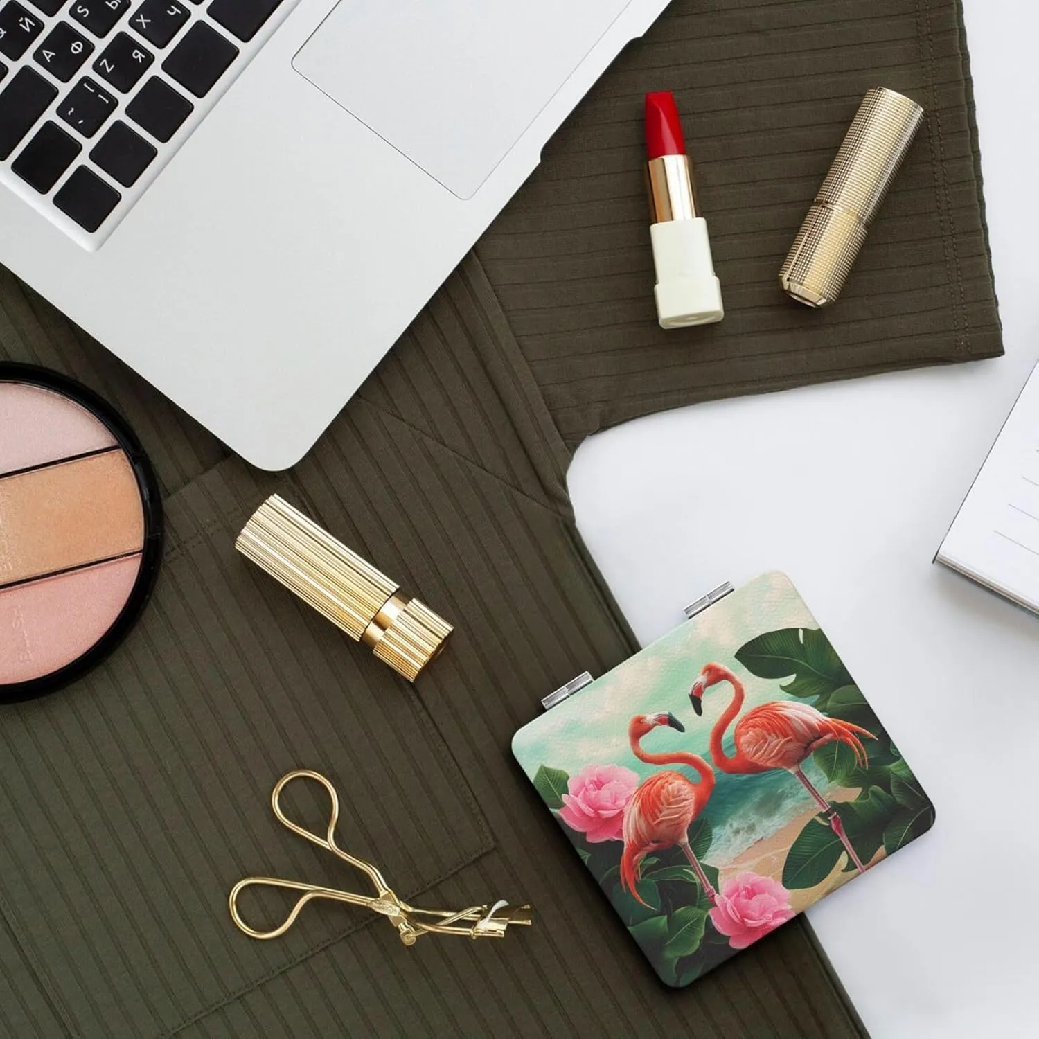 Two Flamingos Printed Square Pocket Makeup Mirror with 1X/2X Magnification, Portable Mini Travel Makeup Mirror for Travel Daily Work Beauty