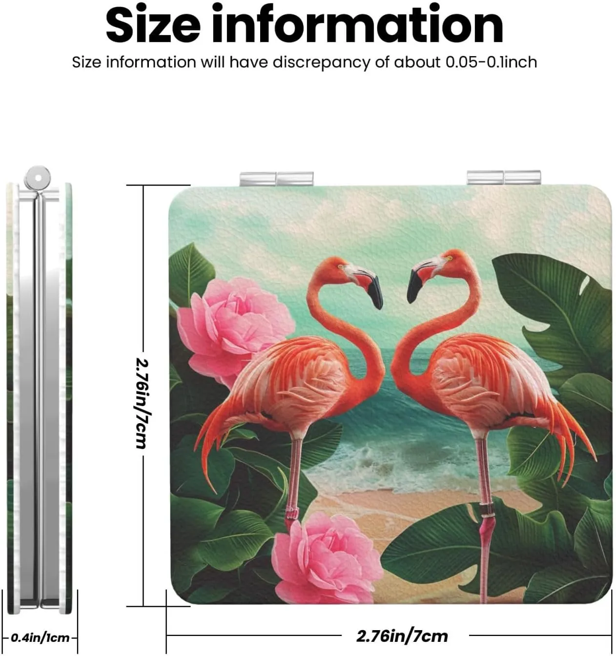 Two Flamingos Printed Square Pocket Makeup Mirror with 1X/2X Magnification, Portable Mini Travel Makeup Mirror for Travel Daily Work Beauty
