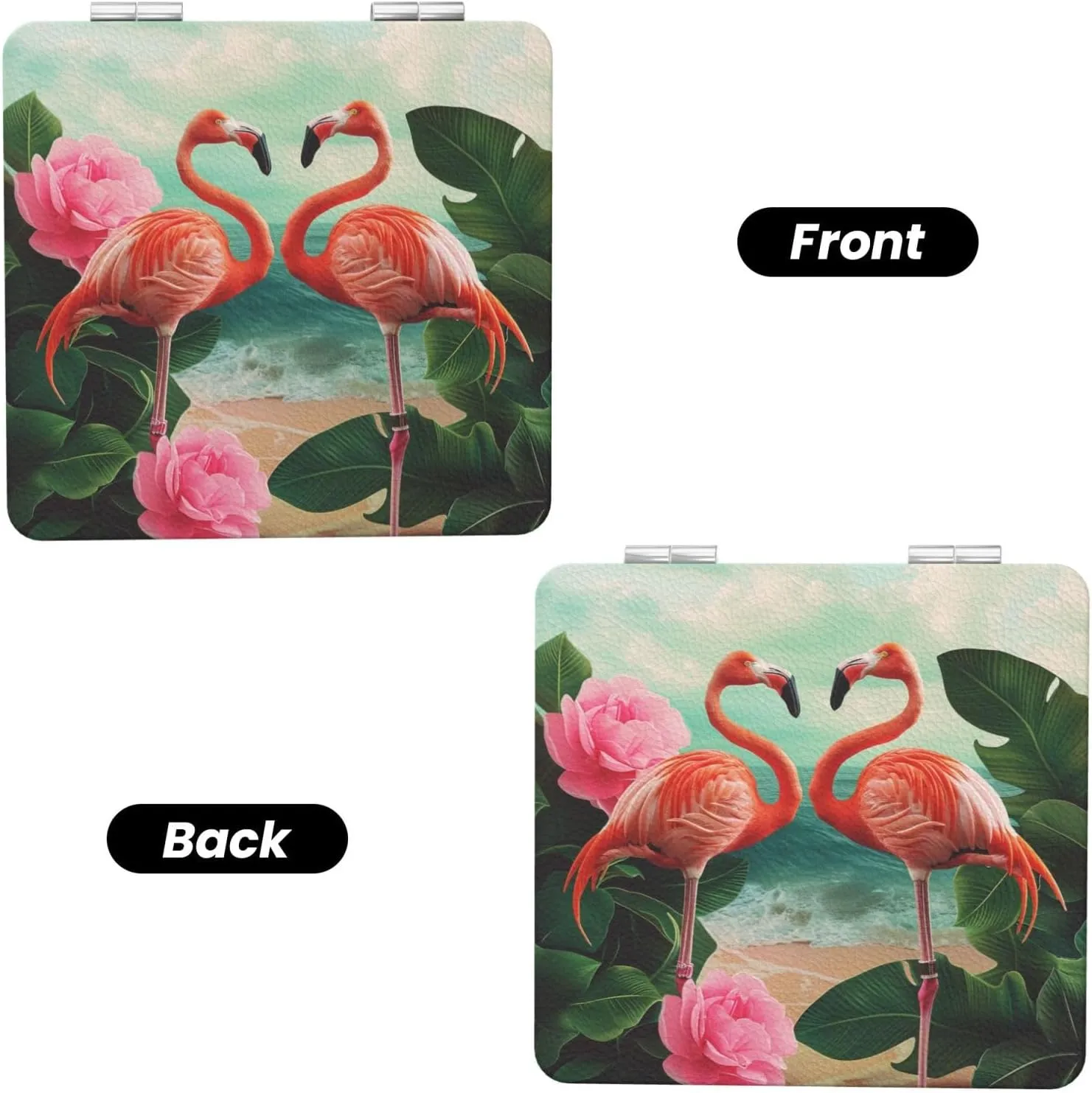 Two Flamingos Printed Square Pocket Makeup Mirror with 1X/2X Magnification, Portable Mini Travel Makeup Mirror for Travel Daily Work Beauty