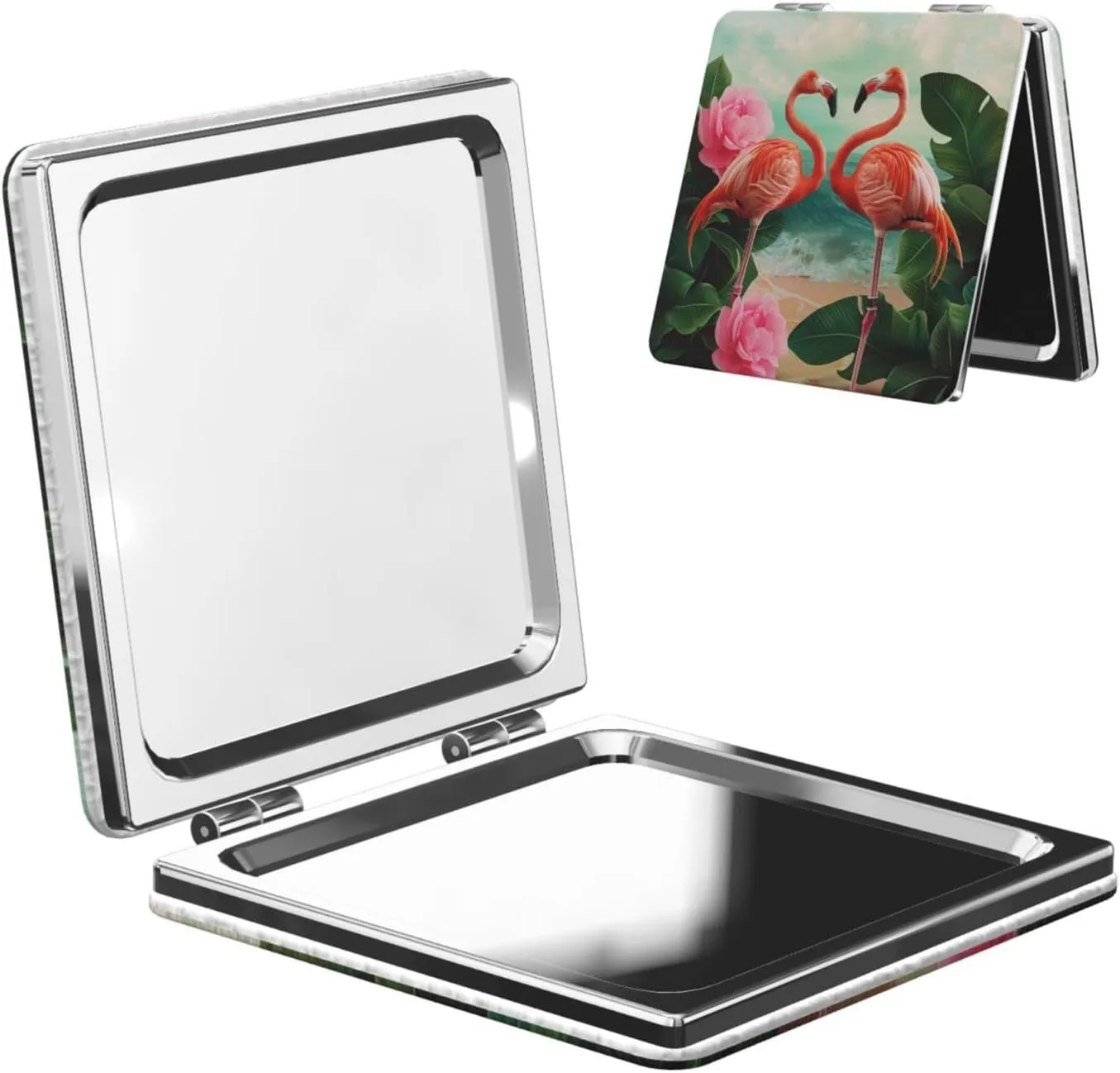 Two Flamingos Printed Square Pocket Makeup Mirror with 1X/2X Magnification, Portable Mini Travel Makeup Mirror for Travel Daily Work Beauty