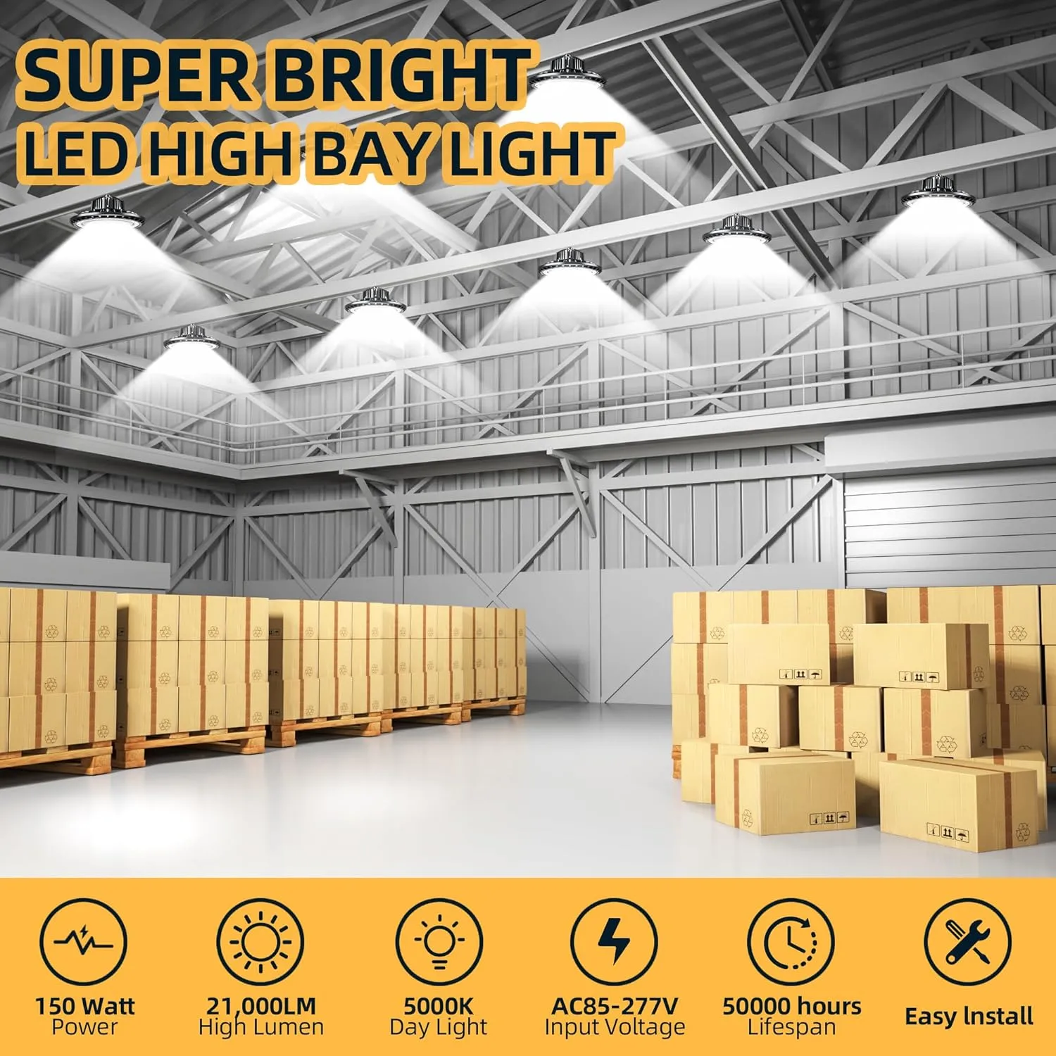 UFO LED High Bay Light 150W 5000K,21,000LM,Lamp with Plug, Hanging Hook, Lighting Fixtures for Warehouse Shop Factory Garage Gym Barn Carport（1 Pack）