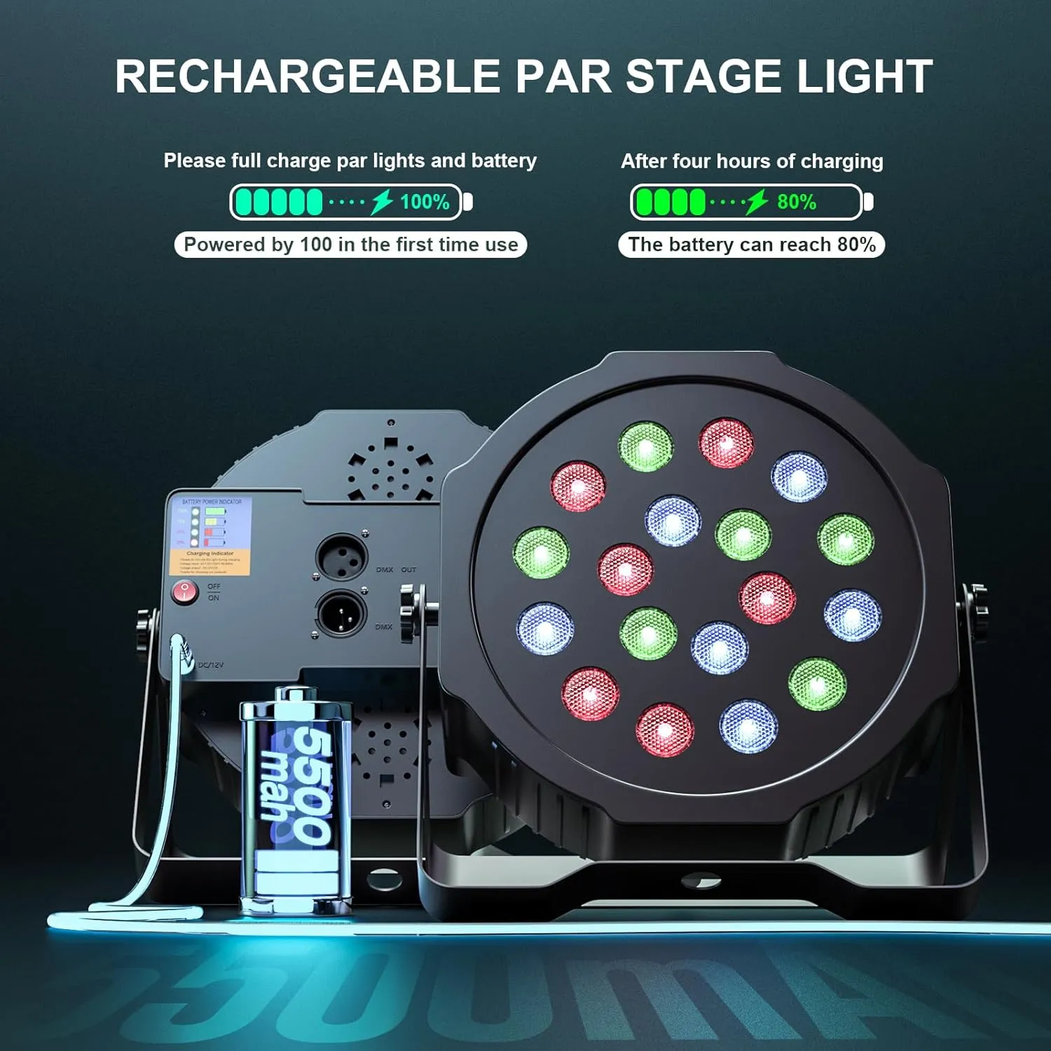 U`King Battery Powered Stage Lights, 18 * 2W RGB LED Par Can, DMX512 & Sound-Activated Wireless Uplights, 7 CH Rechargeable Par Lights for Party, Event, Wedding, DJ Show, 8 Pack
