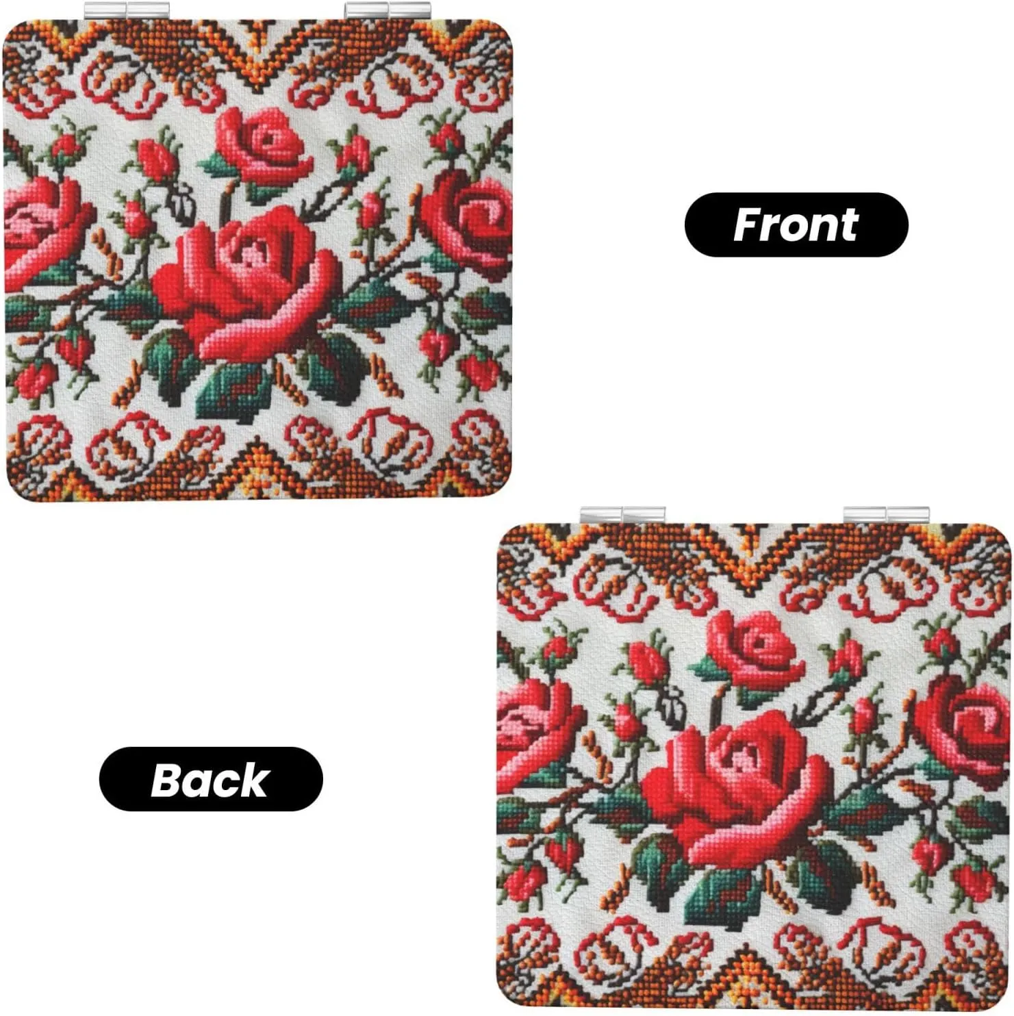 Ukrainian Embroidery Style Rose Printed Square Pocket Makeup Mirror with 1X/2X Magnification, Portable Mini Travel Makeup Mirror for Travel Daily Work Beauty