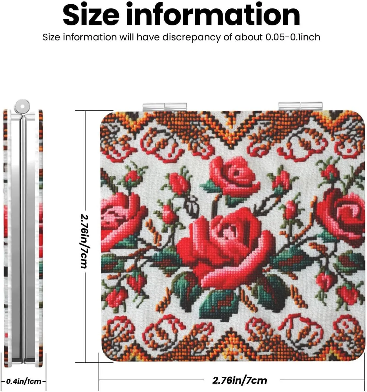Ukrainian Embroidery Style Rose Printed Square Pocket Makeup Mirror with 1X/2X Magnification, Portable Mini Travel Makeup Mirror for Travel Daily Work Beauty