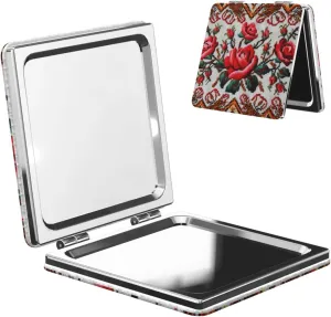 Ukrainian Embroidery Style Rose Printed Square Pocket Makeup Mirror with 1X/2X Magnification, Portable Mini Travel Makeup Mirror for Travel Daily Work Beauty