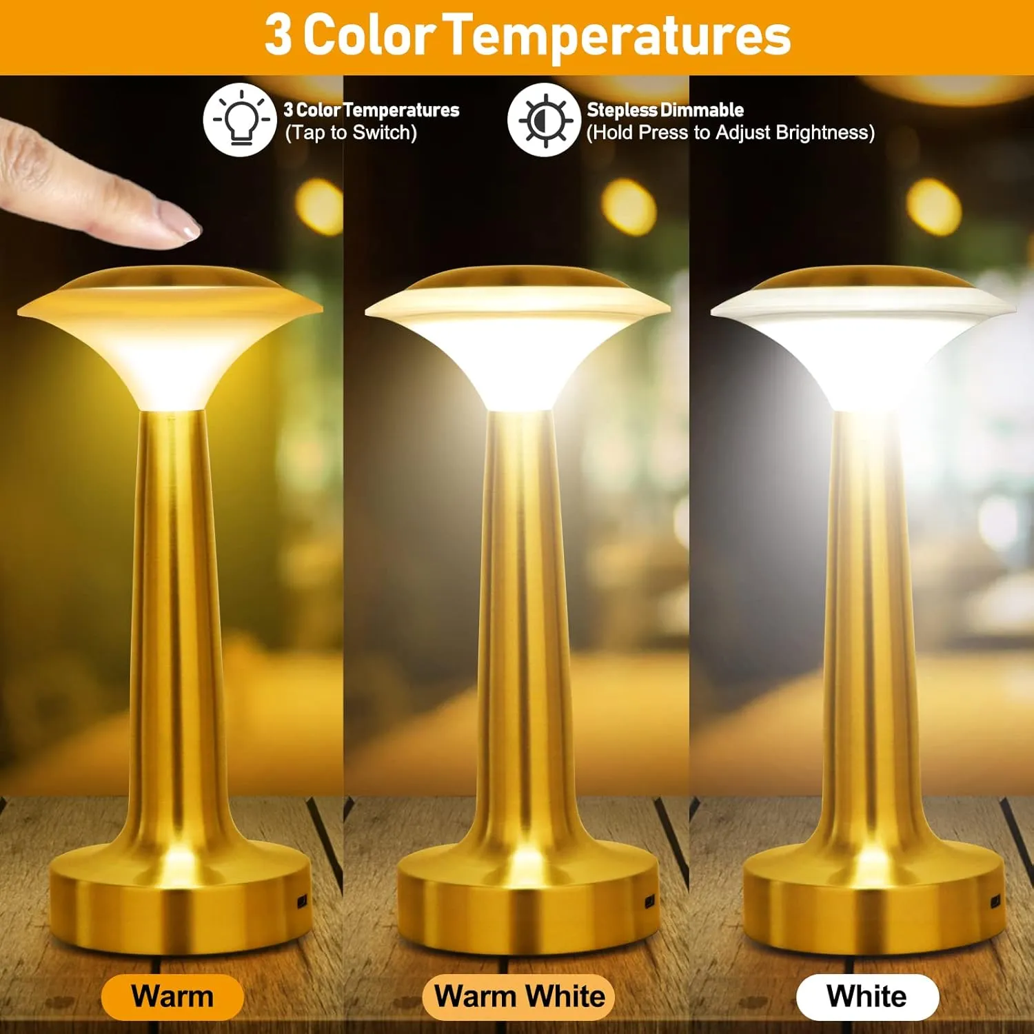 UMEXUS Small Cordless Table Lamp, Rechargeable Battery Operated Lights, Portable Ambient Lighting for Outdoor Restaurant Bar Dining Table Patio, Dimmable Touch Control Bedside Lamp, Gold