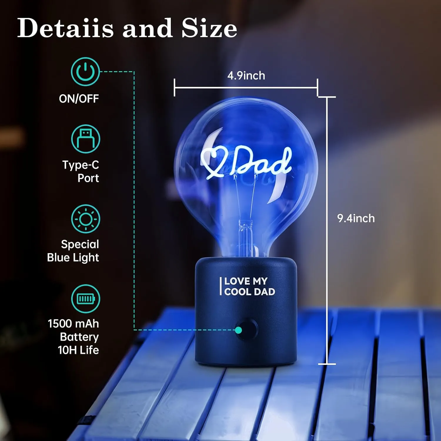 Unique Dad Gifts for Fathers Day, Appreciation Gifts Cool Dad Birthday Gift from Daughter Son Rechargeable Battery Operated Cordless Table Lamp Portable Nightlight for Bedside Bedroom Presents fathers