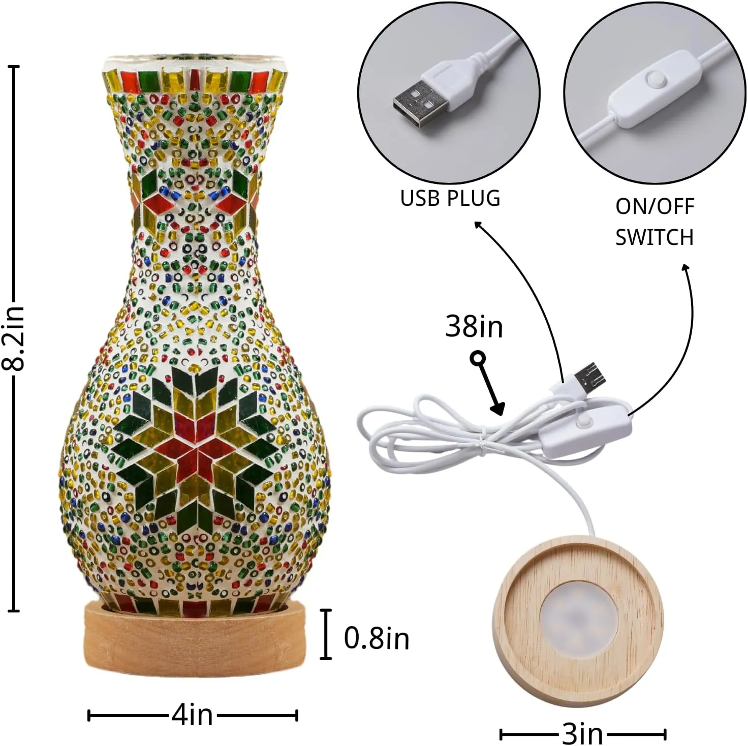 Unique Turkish Moroccan Style Mosaic Table Lamp, Colorful Glass Table Light with Wood Base, USB Powered for Bedroom, Living Room