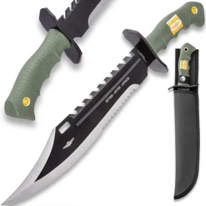 UNITED CUTLERY USMC Anything, Anytime, Anywhere Giant Bowie Knife and Sheath - Anodized Stainless Steel Blade, Over-Molded Rubber Handle, Large Metal Handguard, For All Cutting Jobs - Length 16 3/8"