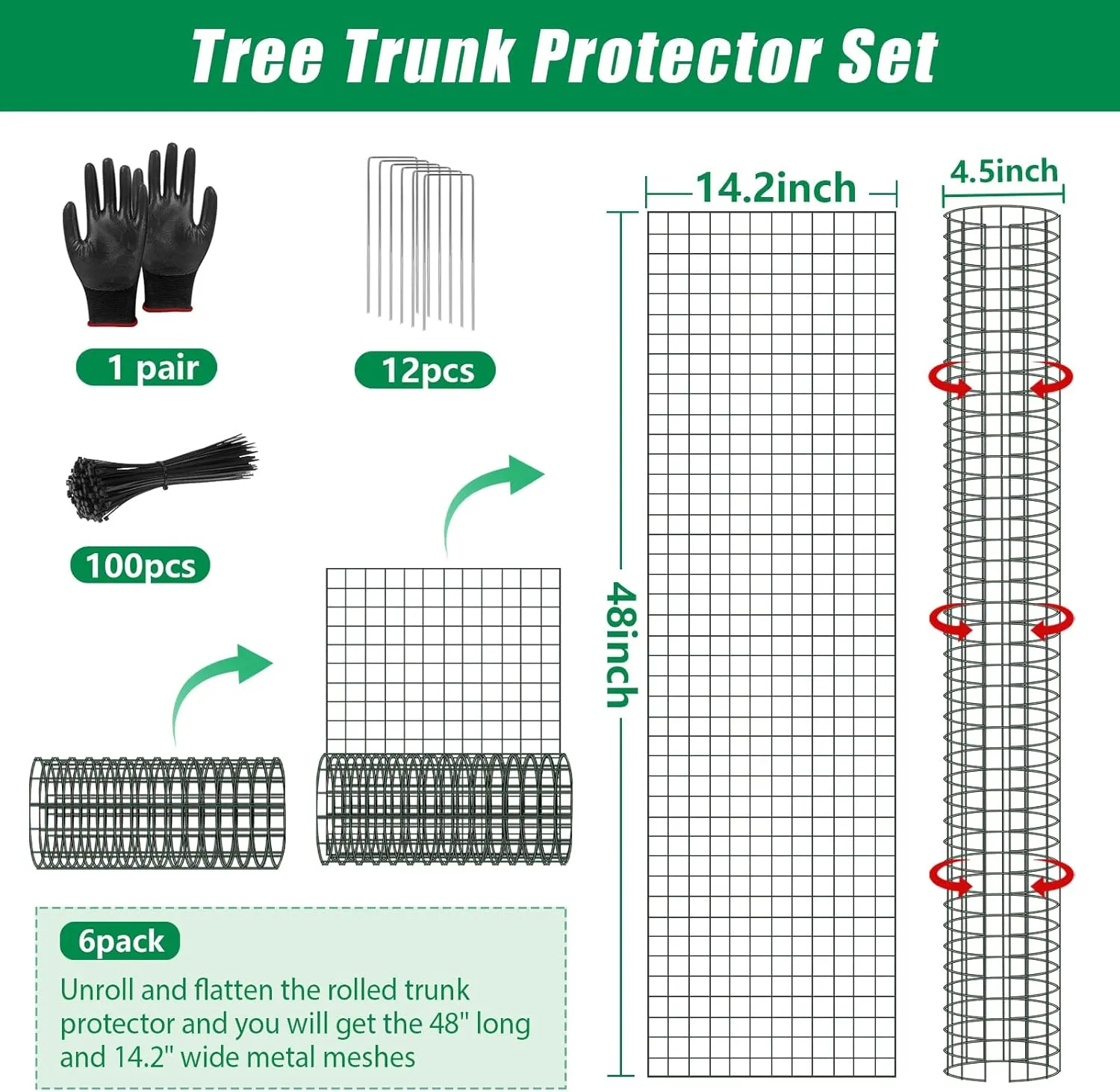 UQM 48 Inch Tree Trunk Protector, 6 Pcs Metal Tree Guards Trunk Protector with Glove & Metal Stakes & Zip Ties, Mesh Tree Bark Protector, Plant Protectors from Deer Animals Mowers Trimmers