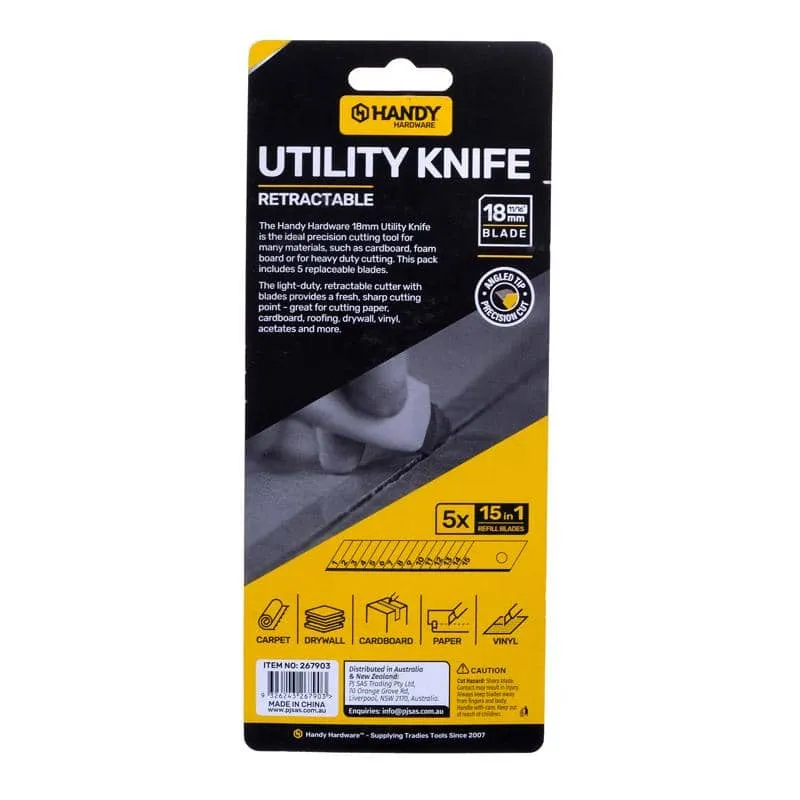 Utility Knife 18mm (With 5 Refill Blades) Retractable Snap Off Blade