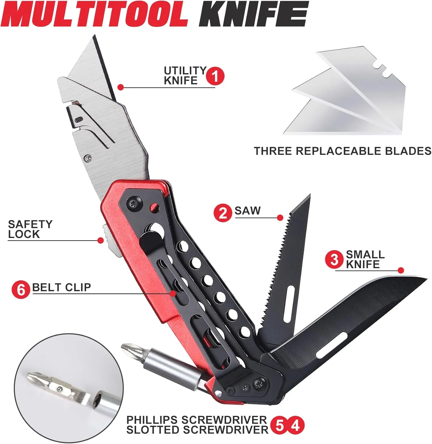 Utility Multitool Knife, Box Cutter, EDC, Work Folding Knifes, 6 in 1 Multitool for Men, Christmas Stocking Stuffers Gifts for Him Dad Grandpa Uncle Brother, Screwdrive, Extra 3 Razor Blades Included