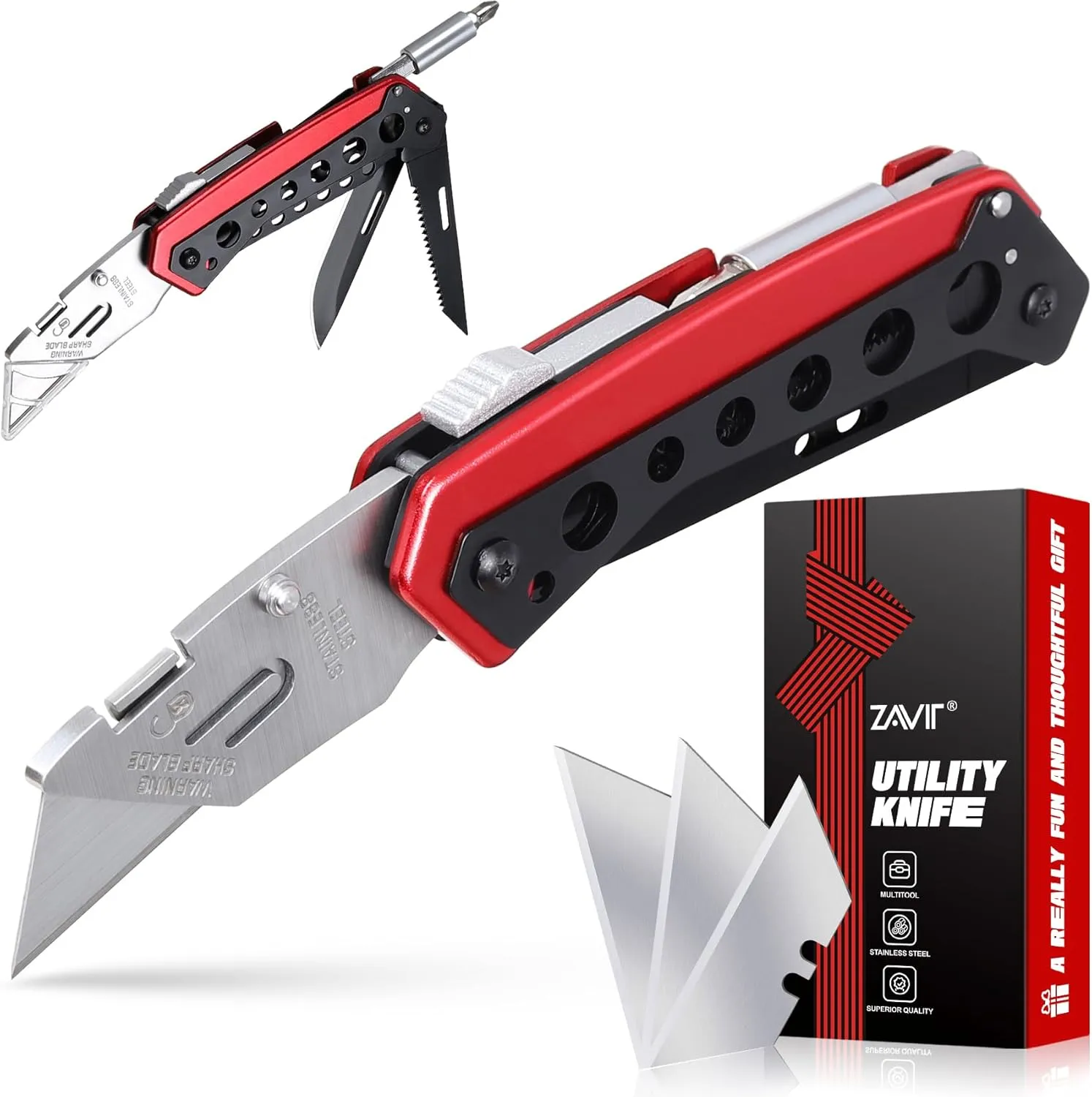 Utility Multitool Knife, Box Cutter, EDC, Work Folding Knifes, 6 in 1 Multitool for Men, Christmas Stocking Stuffers Gifts for Him Dad Grandpa Uncle Brother, Screwdrive, Extra 3 Razor Blades Included