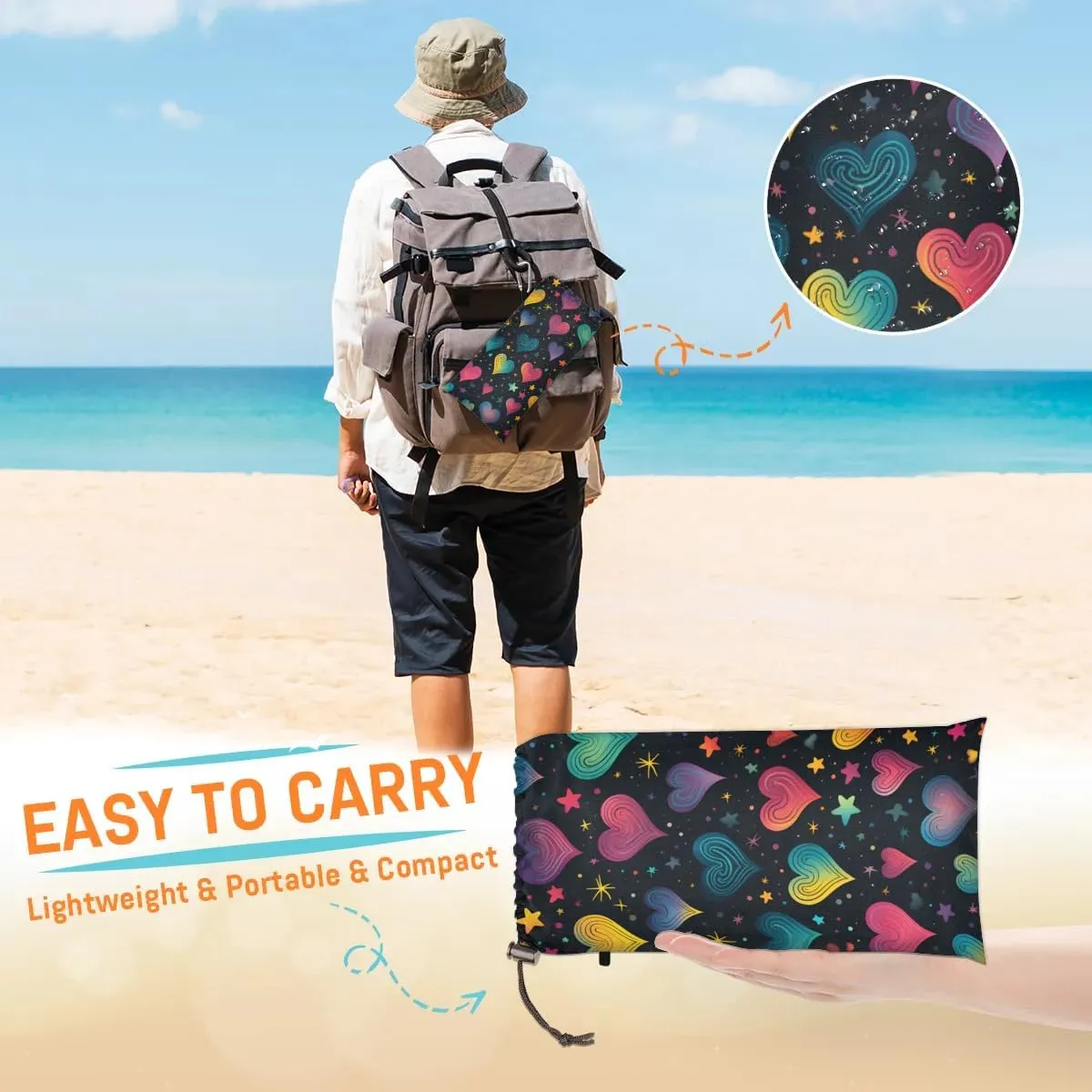 Valentine's Day Beach Blanket, Sandproof Beach Mat, 68 x 59 Waterproof Quick Drying Sand Free Mat with 4 x Ground Spikes for Outdoor Travel Camping Hiking, Abstract Heart