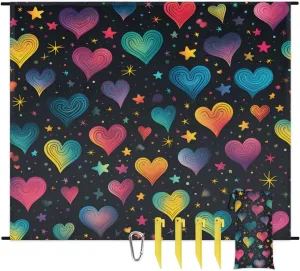 Valentine's Day Beach Blanket, Sandproof Beach Mat, 68 x 59 Waterproof Quick Drying Sand Free Mat with 4 x Ground Spikes for Outdoor Travel Camping Hiking, Abstract Heart