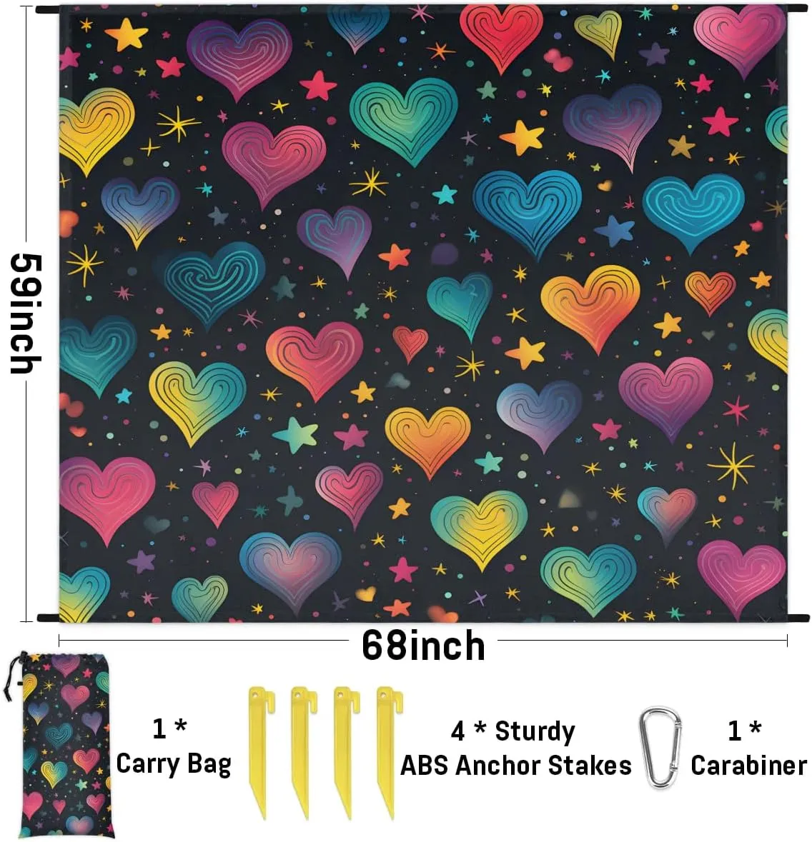 Valentine's Day Beach Blanket, Sandproof Beach Mat, 68 x 59 Waterproof Quick Drying Sand Free Mat with 4 x Ground Spikes for Outdoor Travel Camping Hiking, Abstract Heart