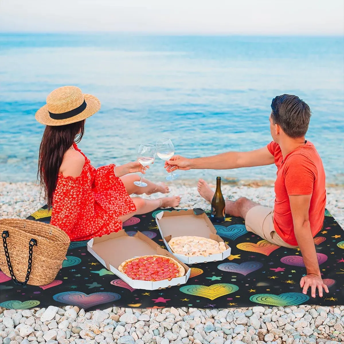 Valentine's Day Beach Blanket, Sandproof Beach Mat, 68 x 59 Waterproof Quick Drying Sand Free Mat with 4 x Ground Spikes for Outdoor Travel Camping Hiking, Abstract Heart