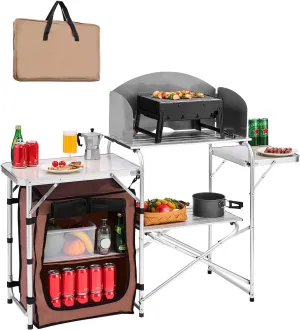 VEVOR Camping Kitchen Table, Folding Outdoor Cooking Table with Storage Carrying Bag, Aluminum Cook Station 1 Cupboard & Detachable Windscreen, Quick Set-up for Picnics, BBQ, RV Traveling, Brown