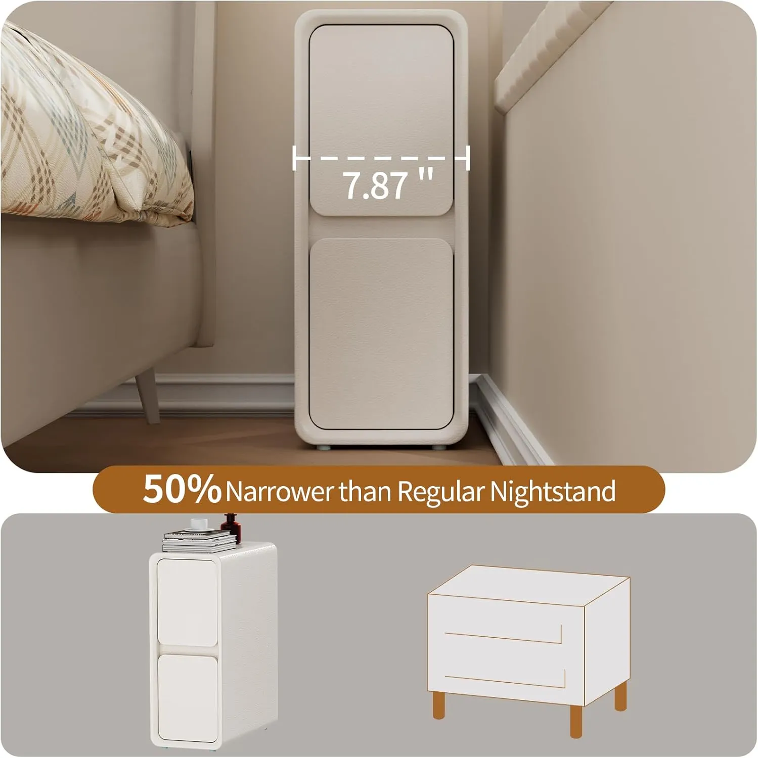 VICITON Modern Narrow Faux Leather Nightstand, Solid Wood Drawer, Storage Accent Table, Small Side End Table for Bedroom (Cream White, Narrow)