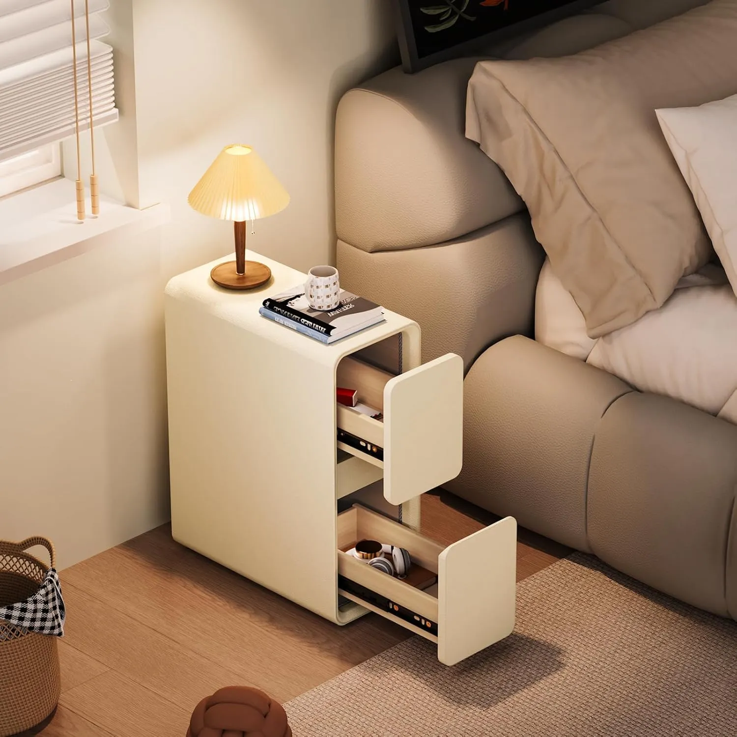 VICITON Modern Narrow Faux Leather Nightstand, Solid Wood Drawer, Storage Accent Table, Small Side End Table for Bedroom (Cream White, Narrow)