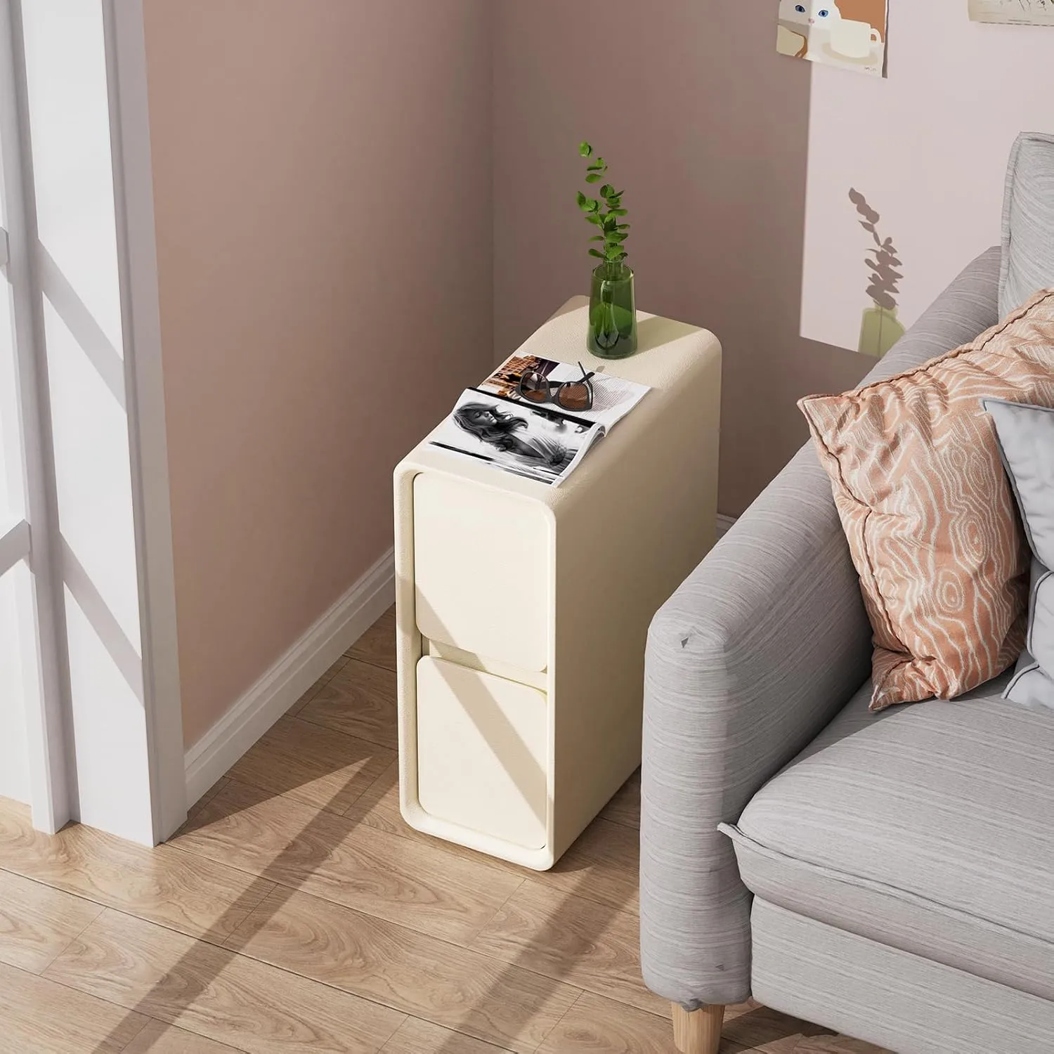 VICITON Modern Narrow Faux Leather Nightstand, Solid Wood Drawer, Storage Accent Table, Small Side End Table for Bedroom (Cream White, Narrow)