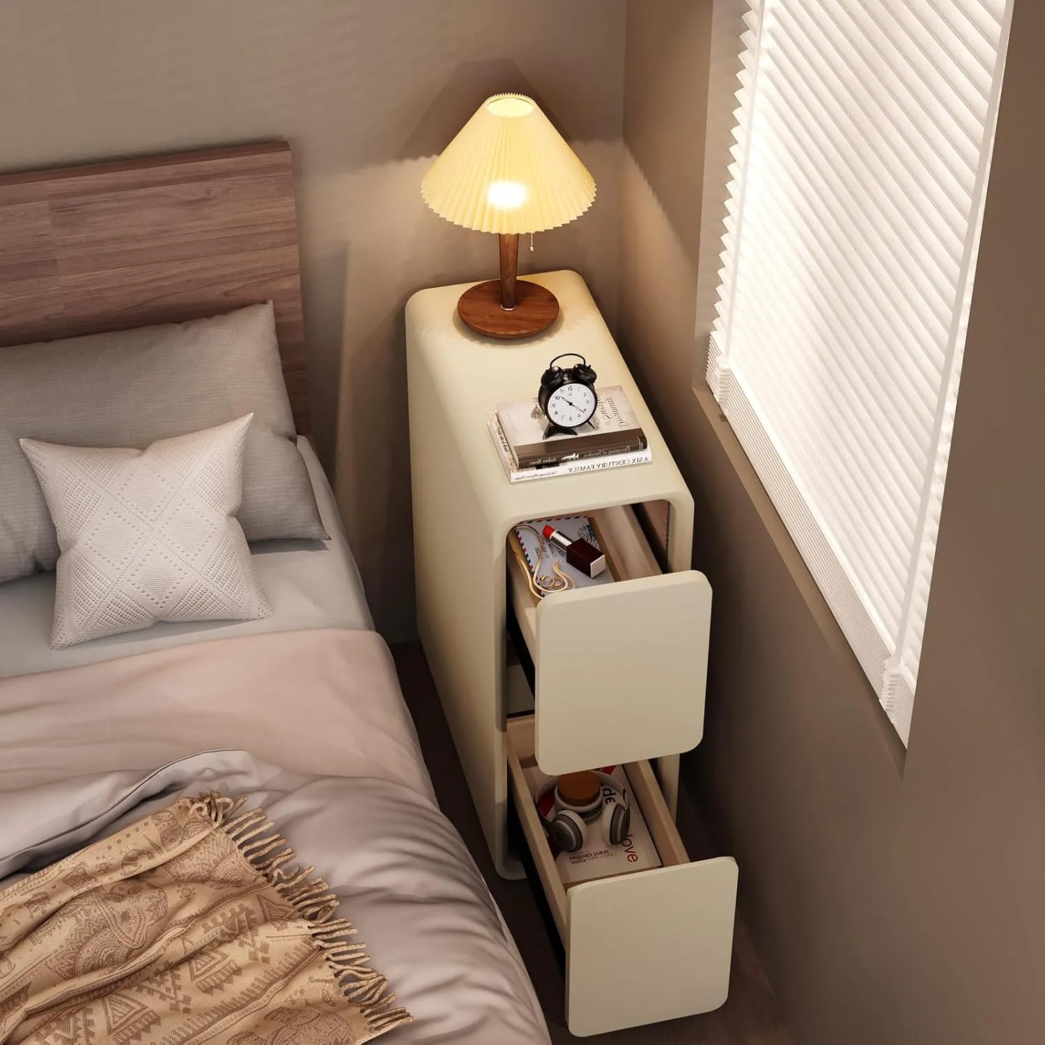 VICITON Modern Narrow Faux Leather Nightstand, Solid Wood Drawer, Storage Accent Table, Small Side End Table for Bedroom (Cream White, Narrow)