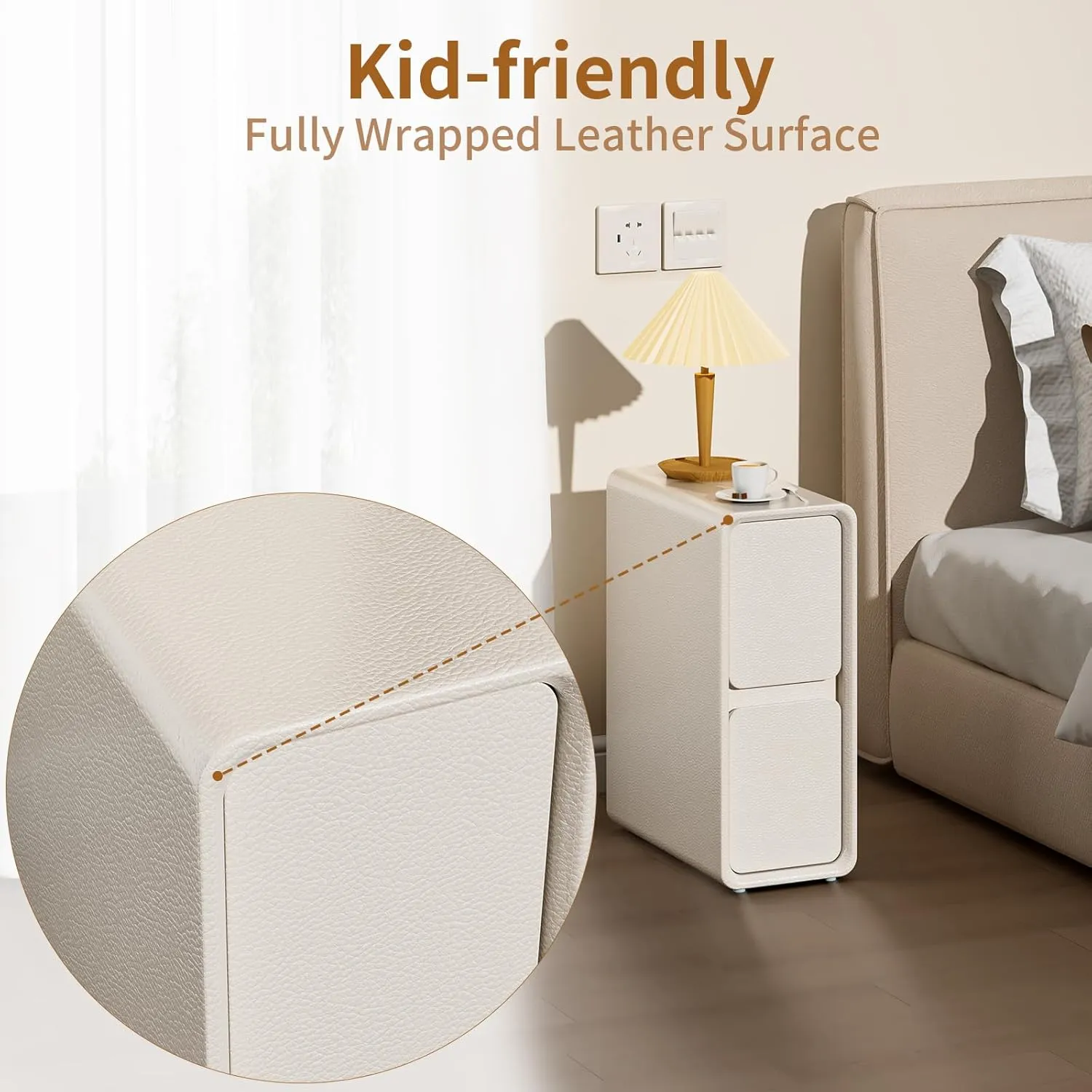 VICITON Modern Narrow Faux Leather Nightstand, Solid Wood Drawer, Storage Accent Table, Small Side End Table for Bedroom (Cream White, Narrow)