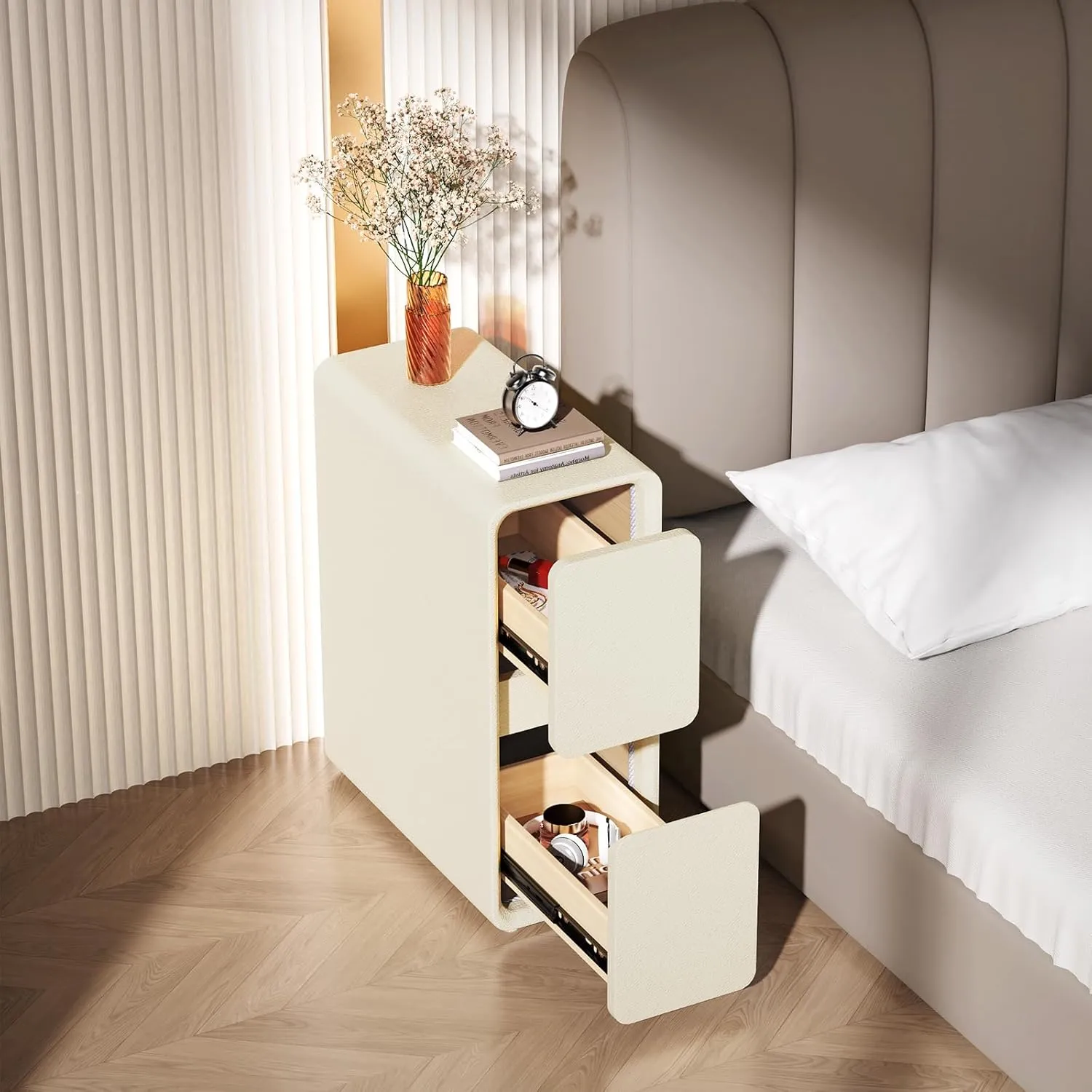 VICITON Modern Narrow Faux Leather Nightstand, Solid Wood Drawer, Storage Accent Table, Small Side End Table for Bedroom (Cream White, Narrow)