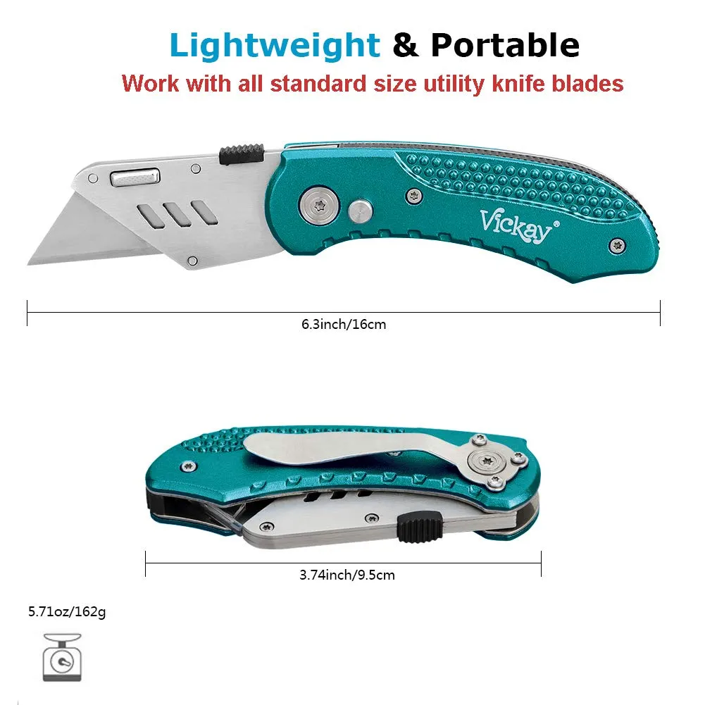 Vickay Box Cutter Knife Utility Knife with 5 SK5 Quick Change Blades, Safety Axis Lock Design Razor Knife, Lightweight Aluminum Body Belt Clip for Office Viridian Green